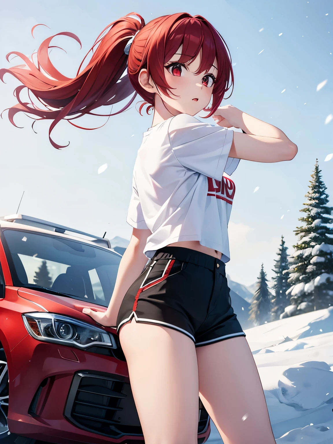 1 girl,Red hair,red eyes,shocked expression,white t-shirt,short hair,ponytail, standing,snowing, strong wind, flying hair, blizzard, at the north pole, white t-shirt, black shorts
