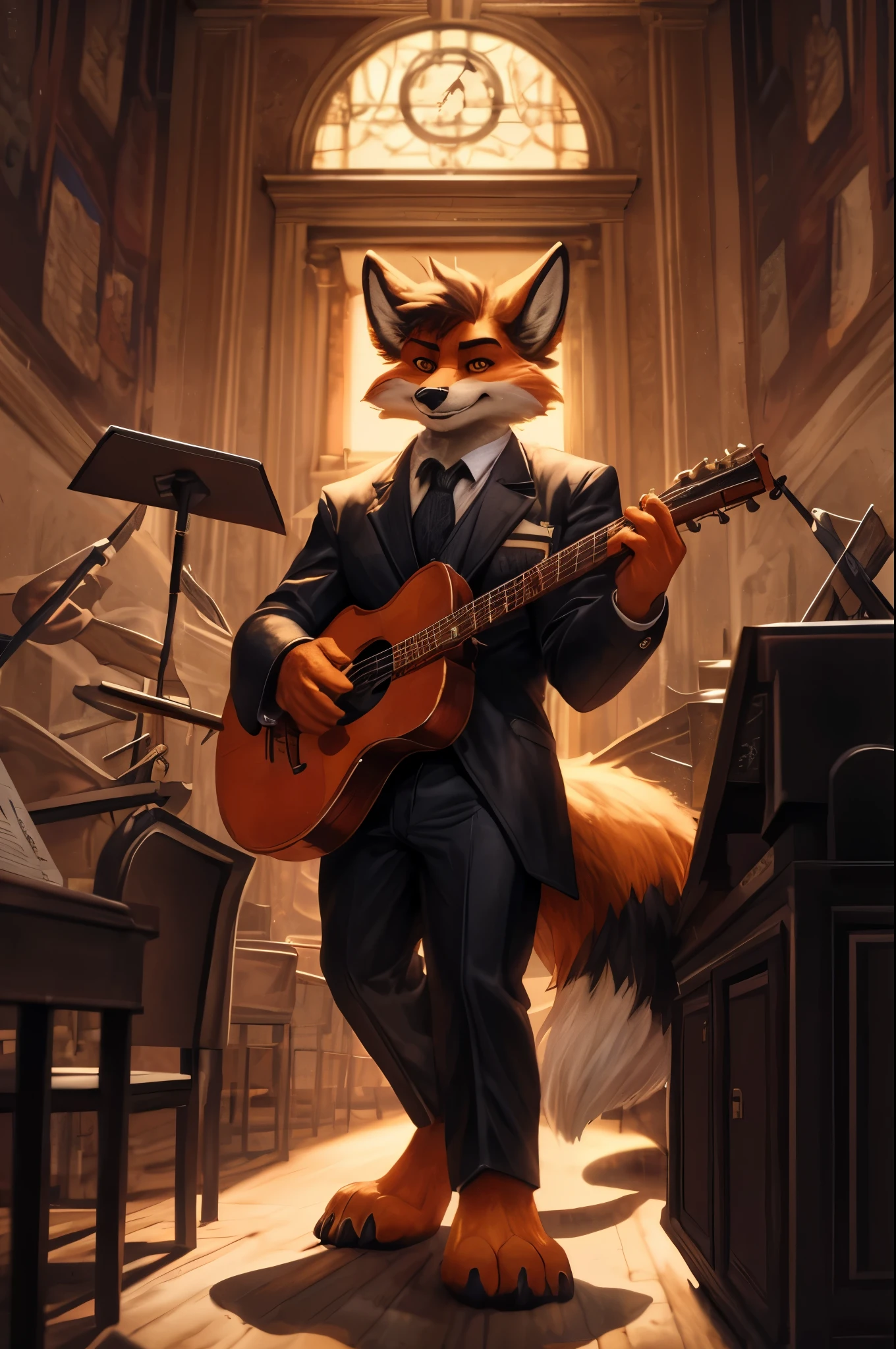 (((Barefoot furry character, full body, furry male, cinematic.)))
Passionate beefy fox conductor wearing a tailcoat and holding a conductor's baton. This fox represents the evil embodiment of music art as a school subject, depicting stereotypes and prejudices towards music teachers. Evil smile, gold colored iris of eyes, claret colored fur. Background is music class. It should include musical notes, sheet music, and instruments like pianos etc. Nice big feet paws.
BREAK, detailed background, 8K, (masterpiece:1.5), intricate details, highly detailed, extreme detail, octane render, Professional Photography, fine art, best quality, highres, (detailed face:1.5), ((full_body)), UHD, (((perfect hands)))