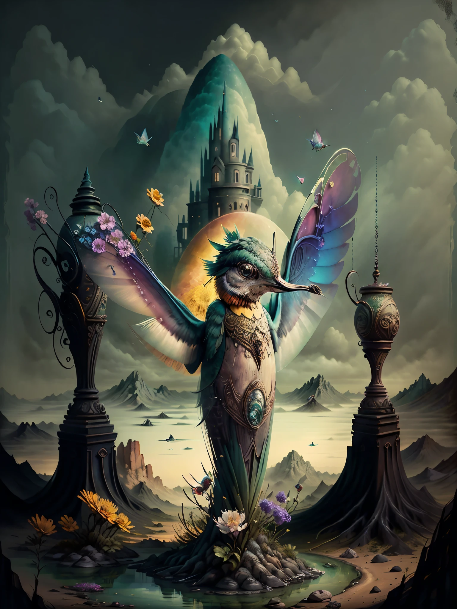 ((there is a hummingbird flying in the air with many beautiful flowers, arco iris en el fondo)), Arte digital muy detallado en 8k., hermoso arte digital, hermoso arte digital, arte digital muy detallado, Painting of a hummingbird, very hermoso arte digital, arte digital. muy detallado, muy detallado magic fantasy, colorful digital fantasy art, muy detallado digital art, beautiful gorgeous digital art, muy detallado digital painting, 32k