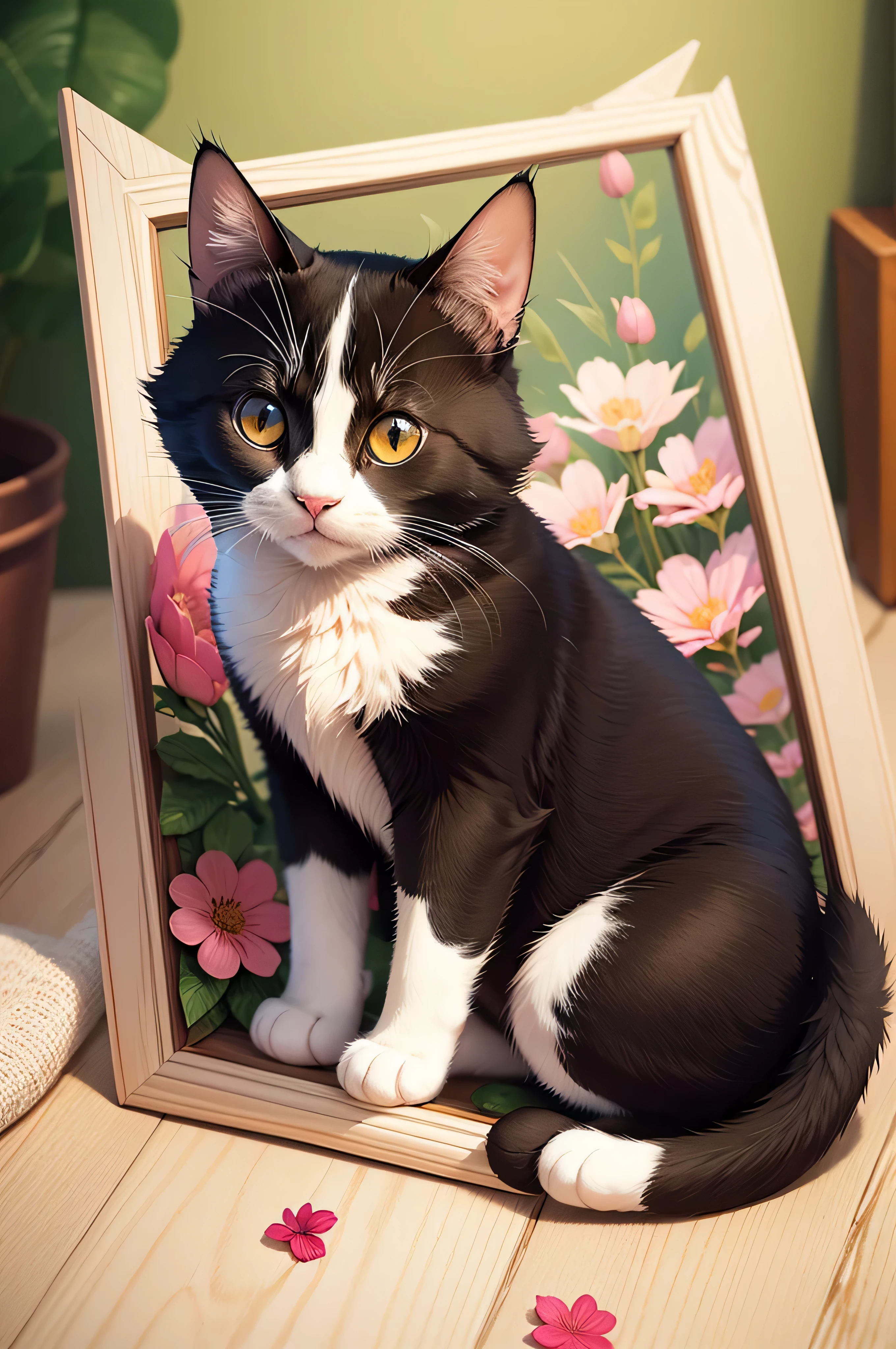 cute cat, Illustration, No background, anime, eating, flowers aura, in flower frame