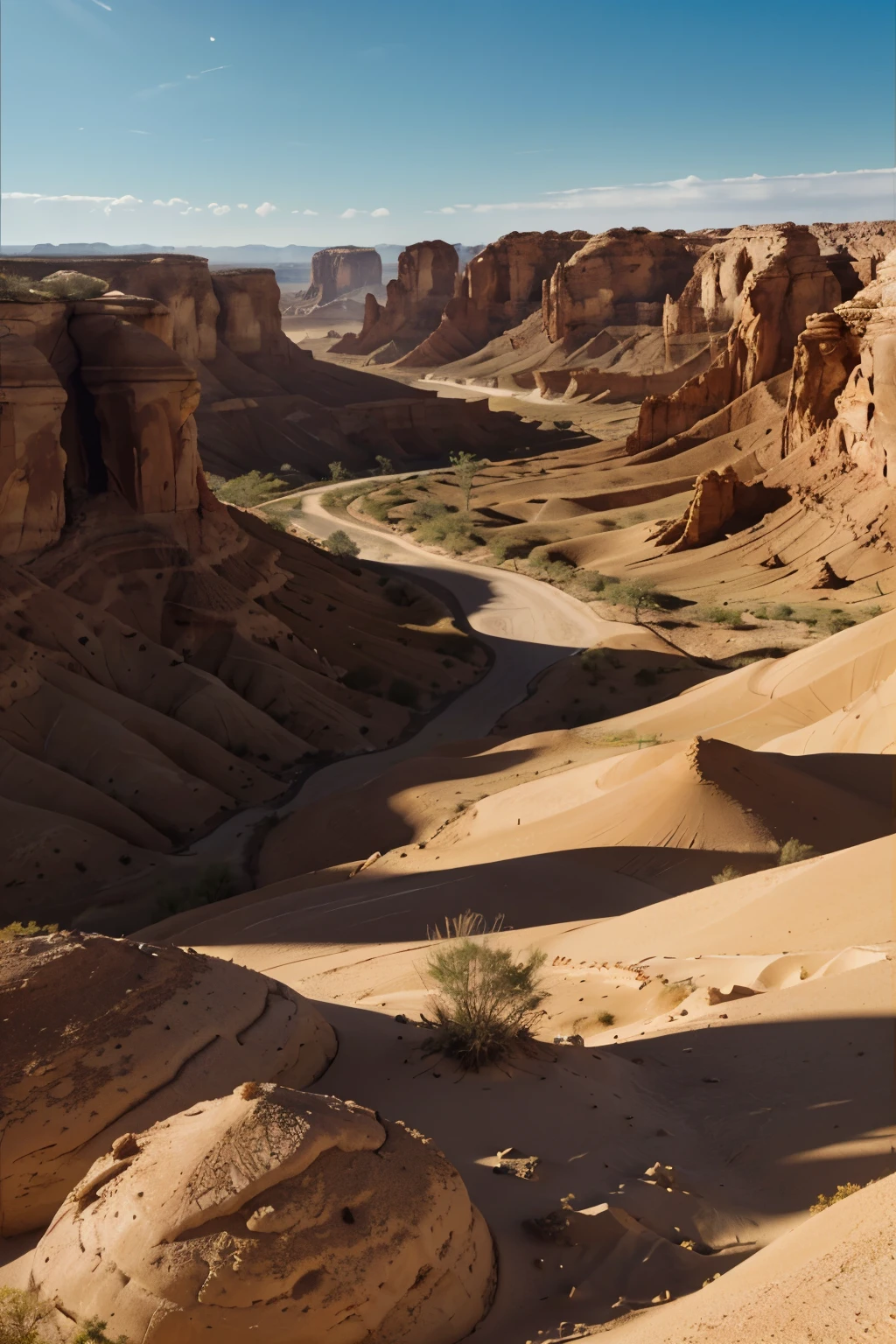 best quality,4k,highres,ultra-detailed,realistic,landscape,desert canyon,sandy terrain,sharp rock formations,dry and arid atmosphere,beaming sunlight,deep and narrow crevices,cacti and desert plants,scattered tumbleweeds,distant mountain range,vivid colors,orange and red color palette,warm sunlight casting long shadows,subtle wind blowing sand particles,hazy and distant horizon,line of sight stretching for miles,uninhabited and serene,majestic and awe-inspiring.
