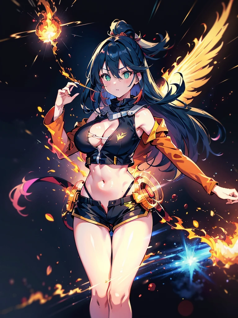 1 girl, alone, Full body, sexy body, WINGS ON HER BACK, FIRE WINGS, belly showing, Big Breasts, long hair, Full HD quality, black hair with NEON RED highlights, Bangs between eyes, neon green eyes, face sexy, short jacket, slightly open jacket, Navel, Navel exposed, short shorts, Slightly open, fire element coming out of his hands, fire element in his hand, Full HD quality, ELEMENTAL FIRE AURA AROUND THE BODY