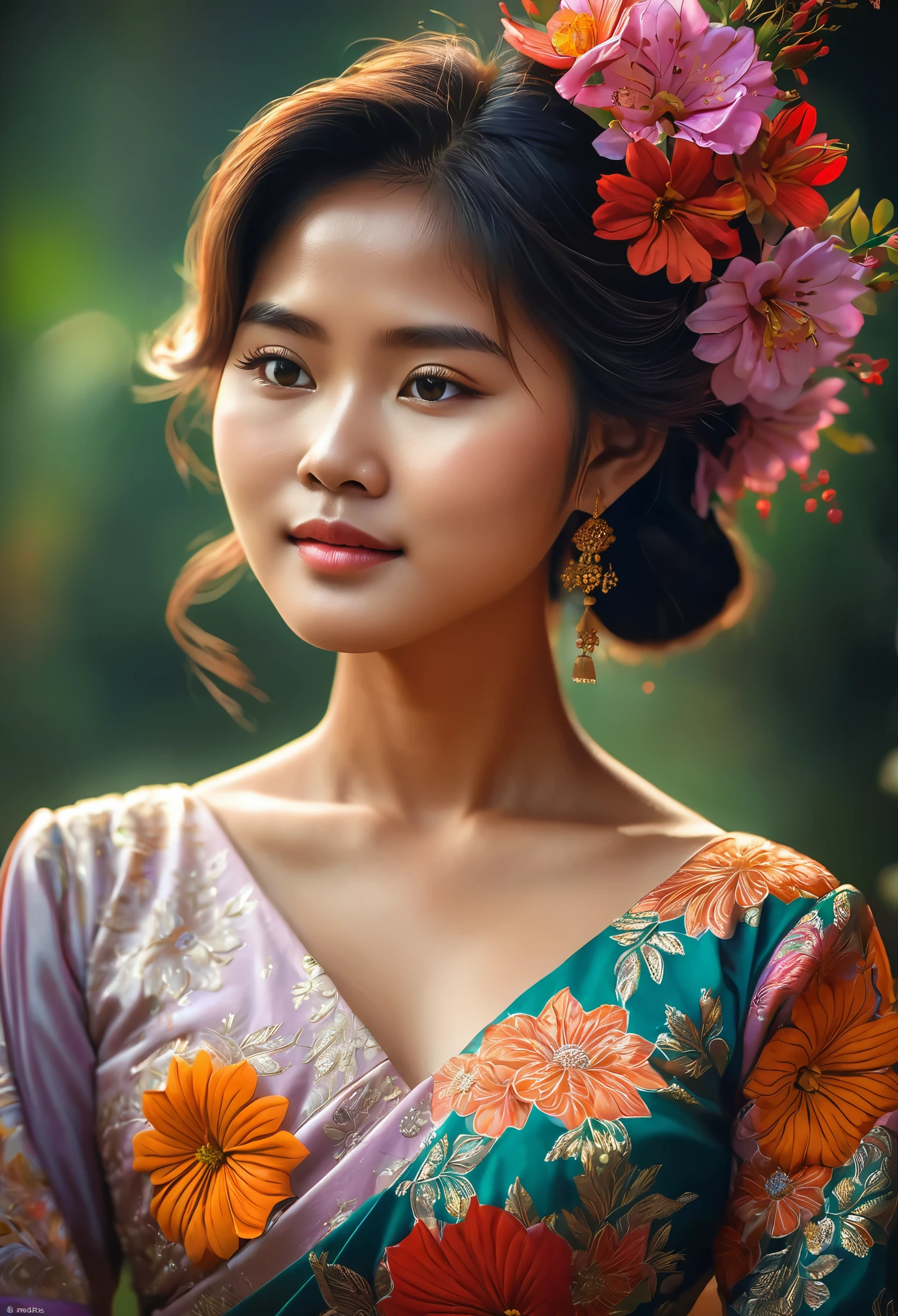 Myanmar girl big ass Myanmar dress Flower drawing very detail, soft lighting glow effect, cinematic look, beautiful hair