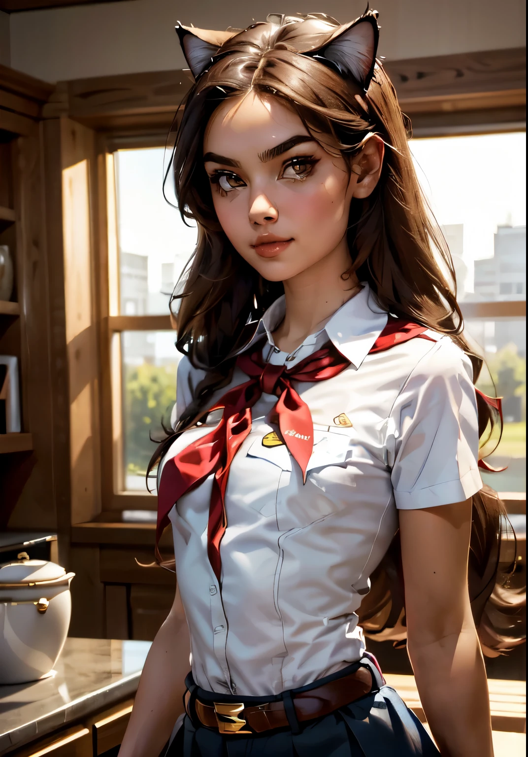 very young slim fit girl, full height, rounded face, (disheveled very long hair:1.4), big brown eyes, shy smile, perfect flat breast, band on head with fake cat ears, pioneer neckerchief, short tight blue pleated skirt, bangs, tight white shirt, short sleeves, collared shirt, belt, red neckerchief, breast pocket, by sasha khmel, sashagrey