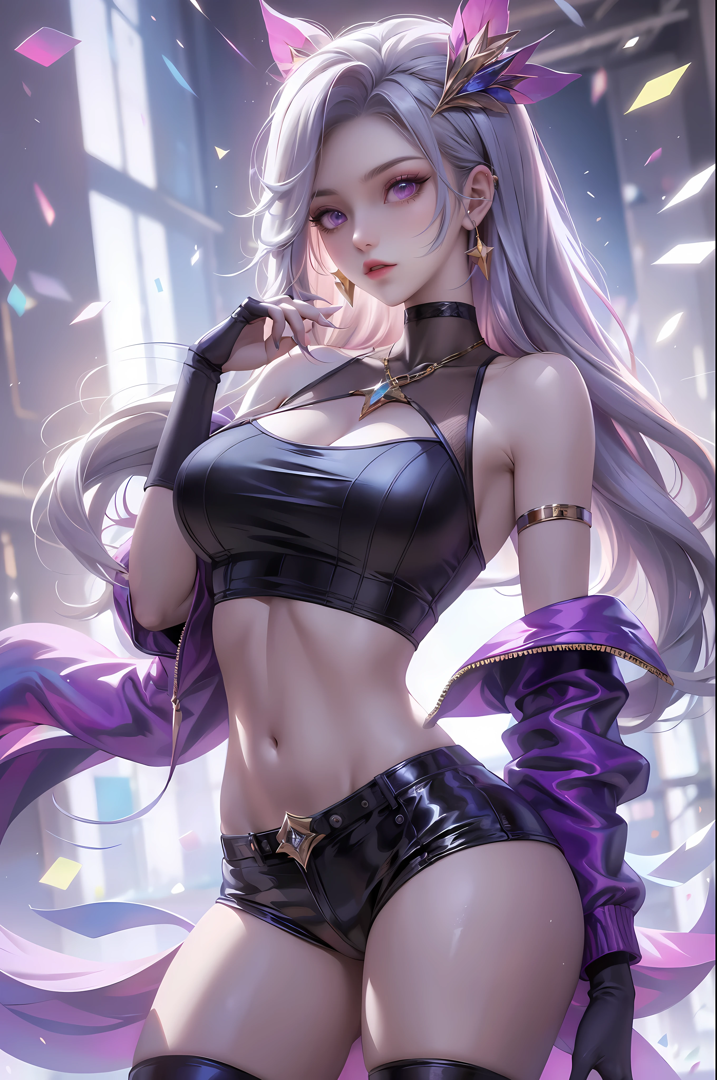 「En una impresionante masterpiece en forma de retrato、Showcasing works of art of the highest standard。The theme of this work is、This girl is captured in amazing detail..。」Pixiv Animation Realism Trend、Sibitai Perfect Body Perfect Face、No hands visible、Shot above the waist、huge breastinamoto, Great Commandment of Fate、Signature fit purple suit、More detailed 8K.Unreal Engine:1.4,UHD,La best quality:1.4, realistic:1.4, skin texture:1.4, masterpiece:1.8,masterpiece, best quality,object object], (detailed facial features:1.4),(eye:1.4)