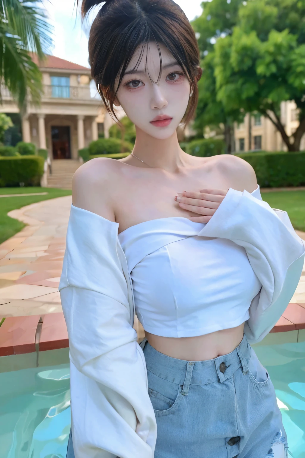 Beautiful woman with perfect body，tube top，prominent cleavage：1.5，ultra short pleated skirt