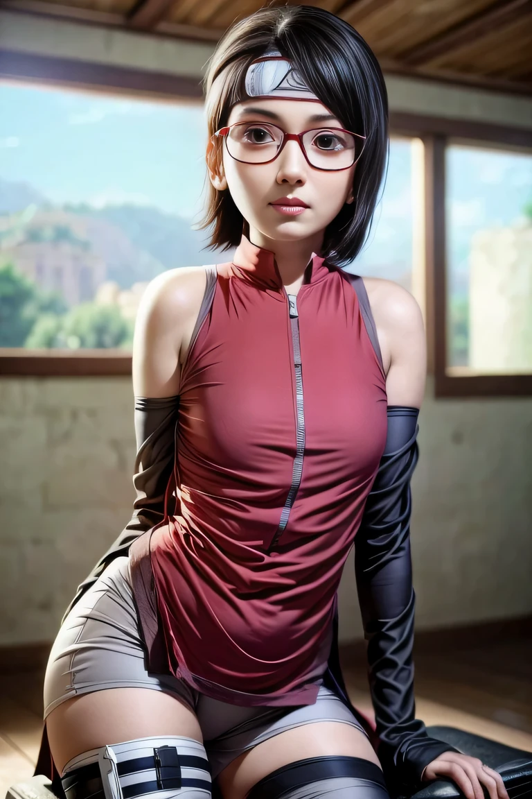 1girl uchiha Sarada,usando lentes rojos, pelo negro,si negro,high resolution,hyper realistic, ultra detalle