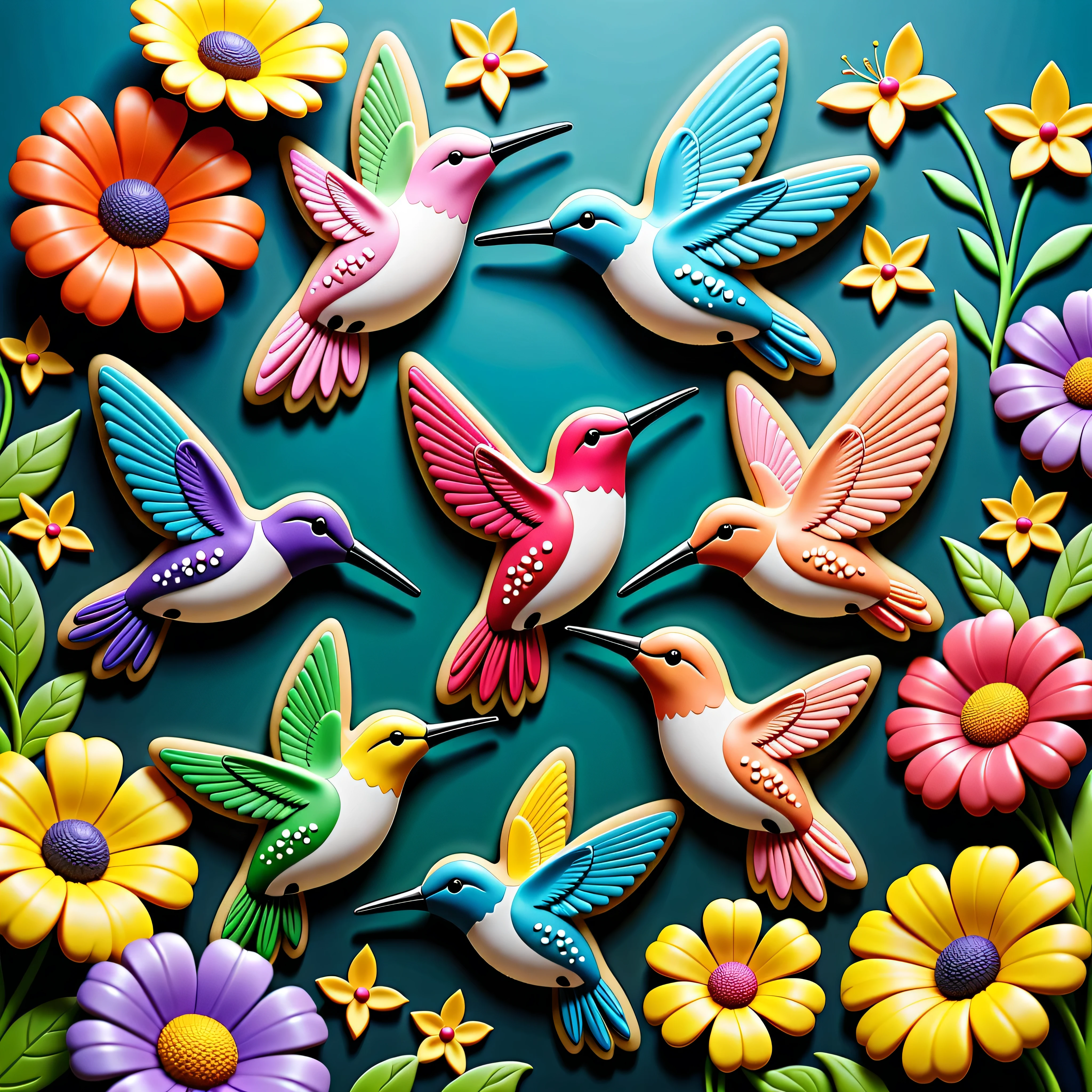 Masterpiece in maximum 16K resolution, superb quality, whimsical collage featuring a variety of intricately designed (hummingbird-shaped) cookies set in a magical garden, diverse cookie designs with floral patterns and intricate details, surrounded by a lush backdrop of blooming flowers and butterflies, dreamy atmosphere, harmonious color palette. | ((More_Detail))