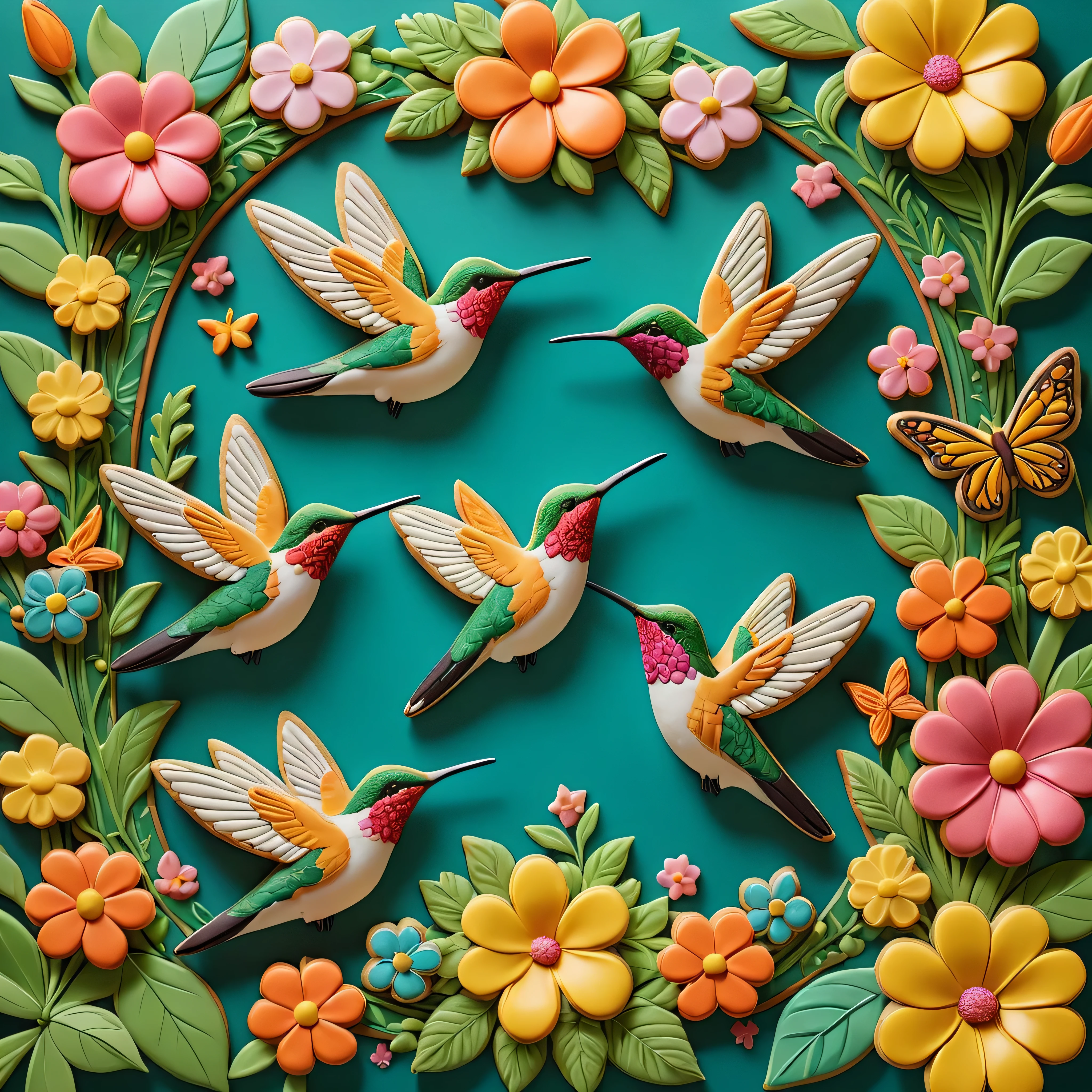 Masterpiece in maximum 16K resolution, superb quality, whimsical collage featuring a variety of intricately designed (hummingbird-shaped) cookies set in a magical garden, diverse cookie designs with floral patterns and intricate details, surrounded by a lush backdrop of blooming flowers and butterflies, dreamy atmosphere, harmonious color palette. | ((More_Detail))