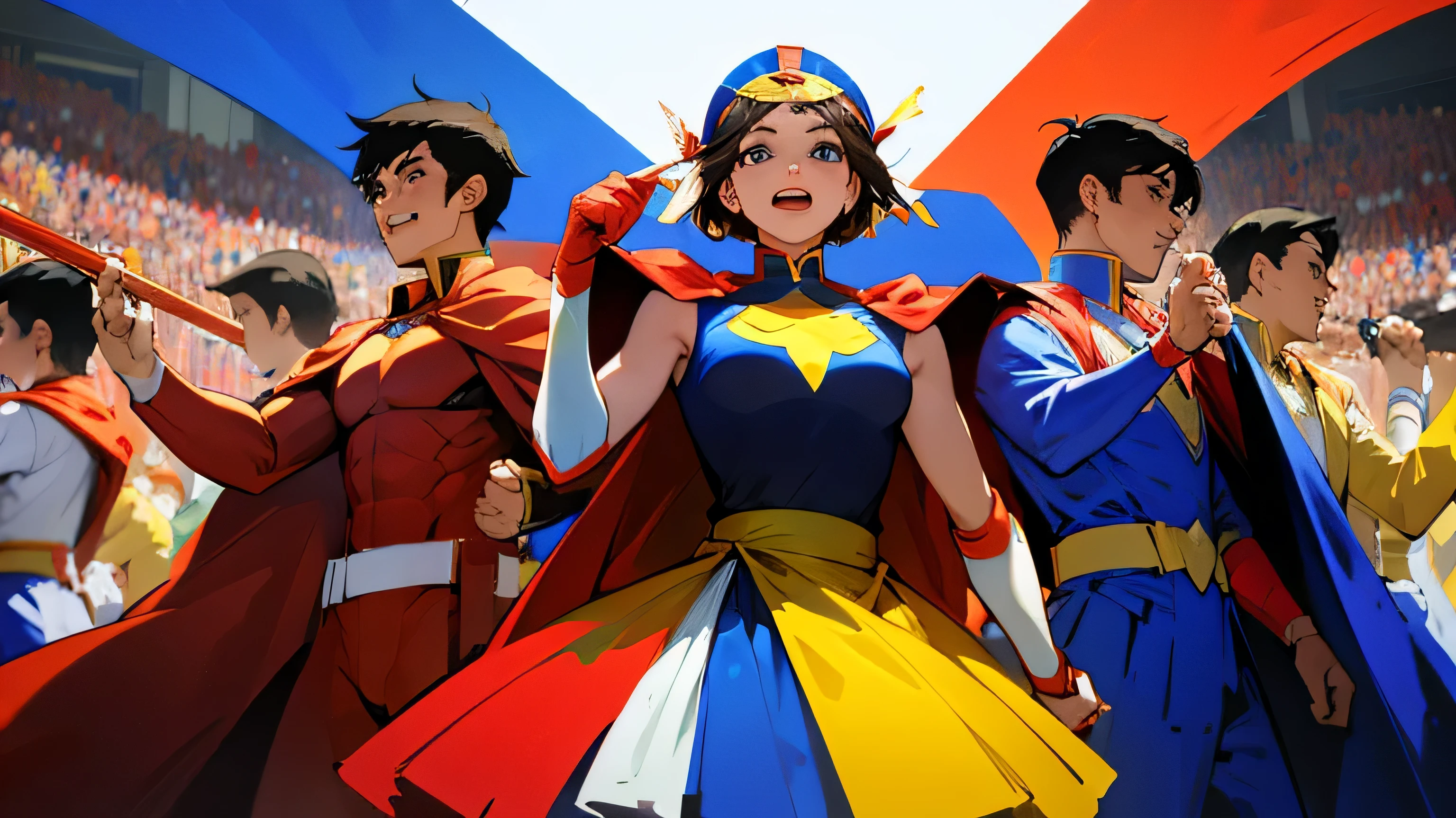 Superheroes wearing the colors of the Philippine flag, being cheered on by a crowd.