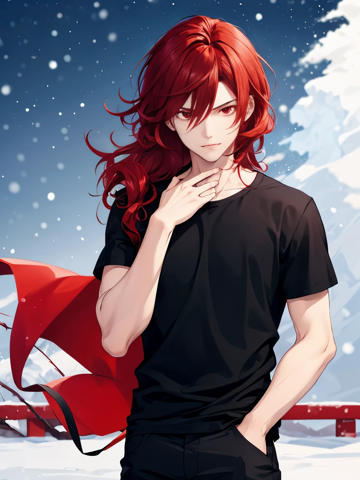 1boy, cool style,looking at viewer,Hands crossed,Black t-shirt,standing in the north pole, snowing, strong winds,handsome,Shoulder length hair,curly hair, red hair,black trousers, black t-shirt,red eyes, vampire