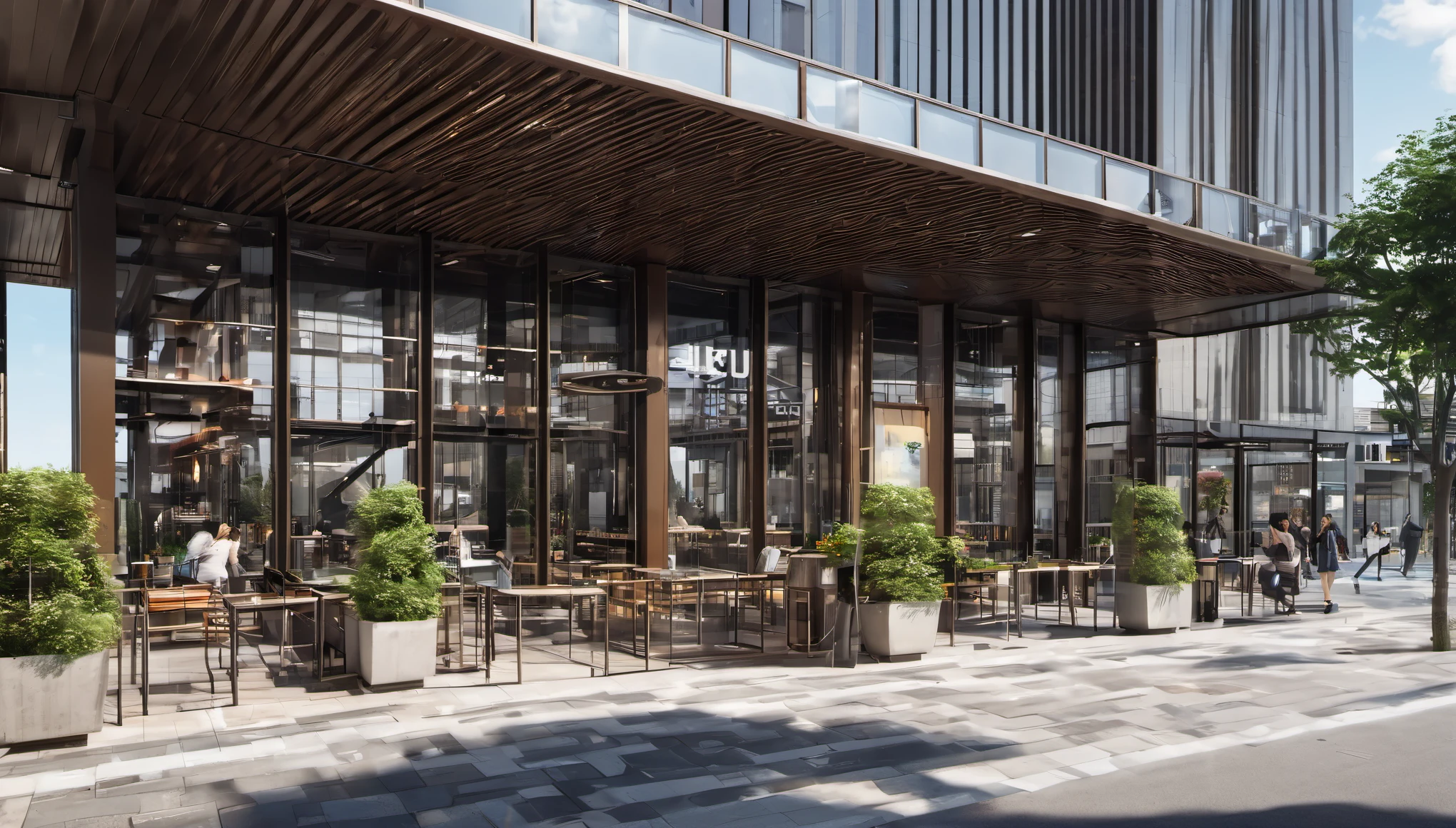 Photos of buildings,urban street scenes,the main body is a high-rise building,((podium brown metal outer frame structure:1.5)),((brown curtain wall:1.4)),(inside is a glass curtain wall:0.9),((transparent shops on the first floor:1.4)),((and an outdoor commercial plaza. dayscape:1.3)),(bustling:1.6),((masterpiece:1.2)),((high quality:1.3)),((best quality)),real,((realistic:1.5)),super detailed,(full detail),(4k),8k,(landscape:1.3),reflection,high_contrast,daytime scenery,the sun is shining brightly,(cityscape:1.3),arbor,shade,(outdoor commercial plaza:1.4),(first floor modular store:1.3),