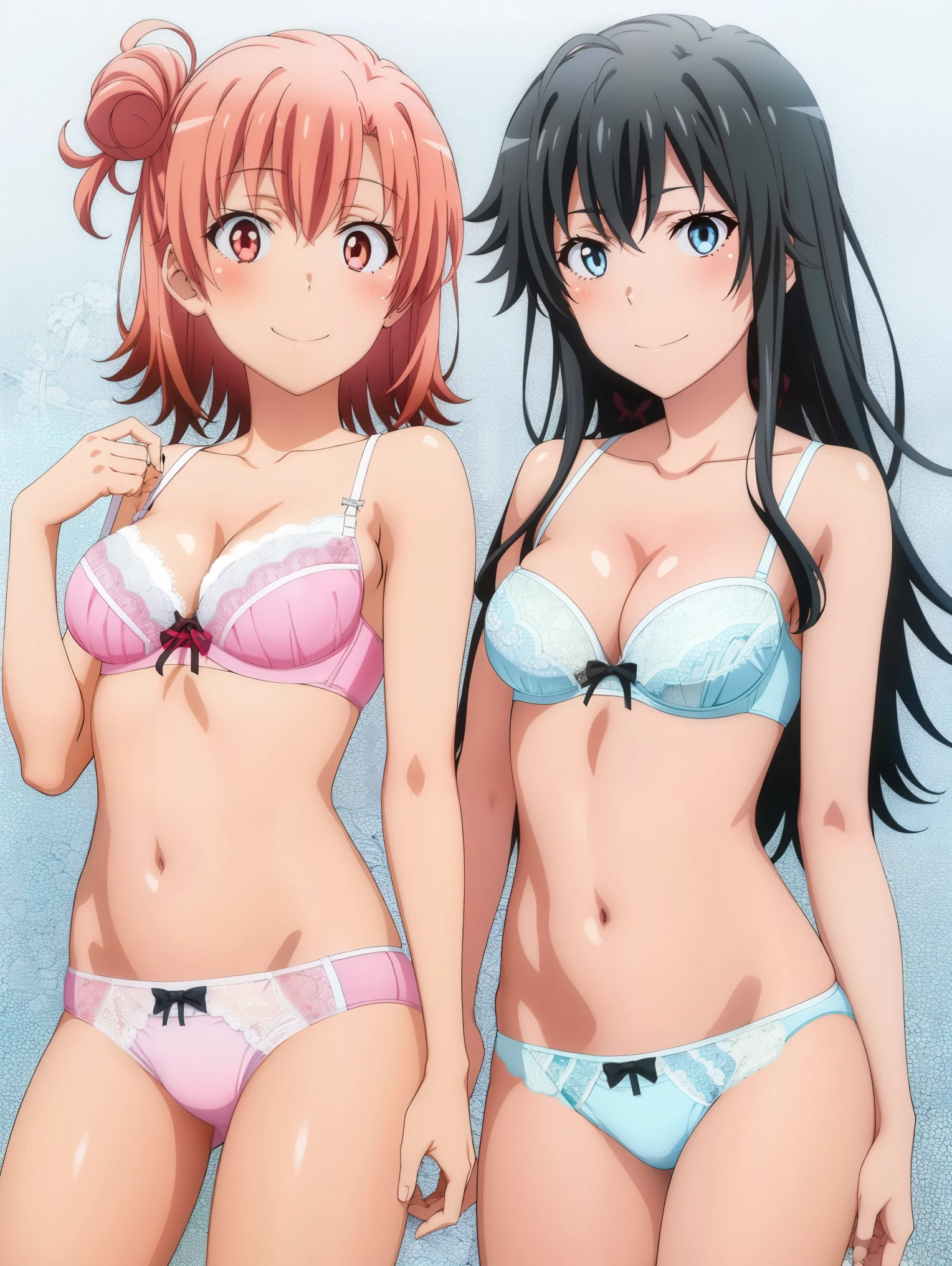 2 girls , Yukinoshita Yukino , Yuigahama Yui , waltz dance , underwear,,white bra,white panties,pink bra,Peach-colored panties,