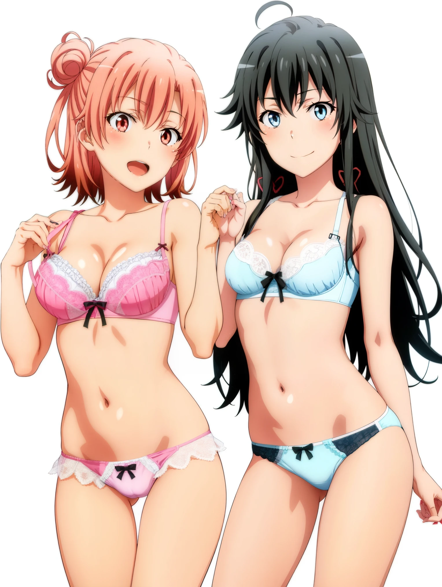 2 girls , Yukinoshita Yukino , Yuigahama Yui , waltz dance , underwear,,white bra,white panties,pink bra,Peach-colored panties,