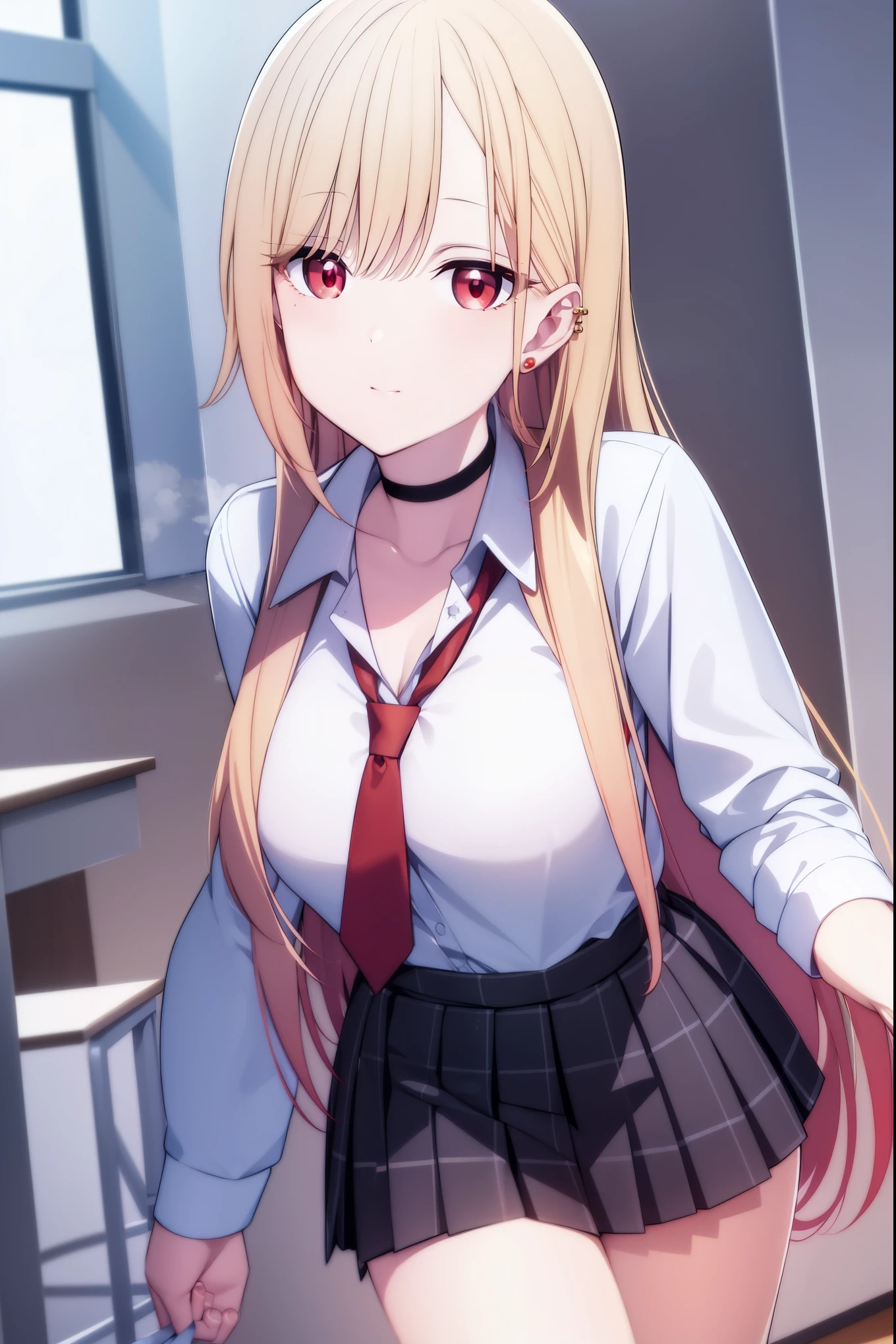 NSFW,(One girl:1.5),sd1、Charlotte Dunois、ponytail、uniform、skirt、Hair Ribbon、belt、Long sleeve,(Perfect hands),(Perfect Anatomy),(masterpiece),(highest quality),(Surprised face:1.5),Embarrassed,blush,locker room,locker,(Changing clothes:1.5)