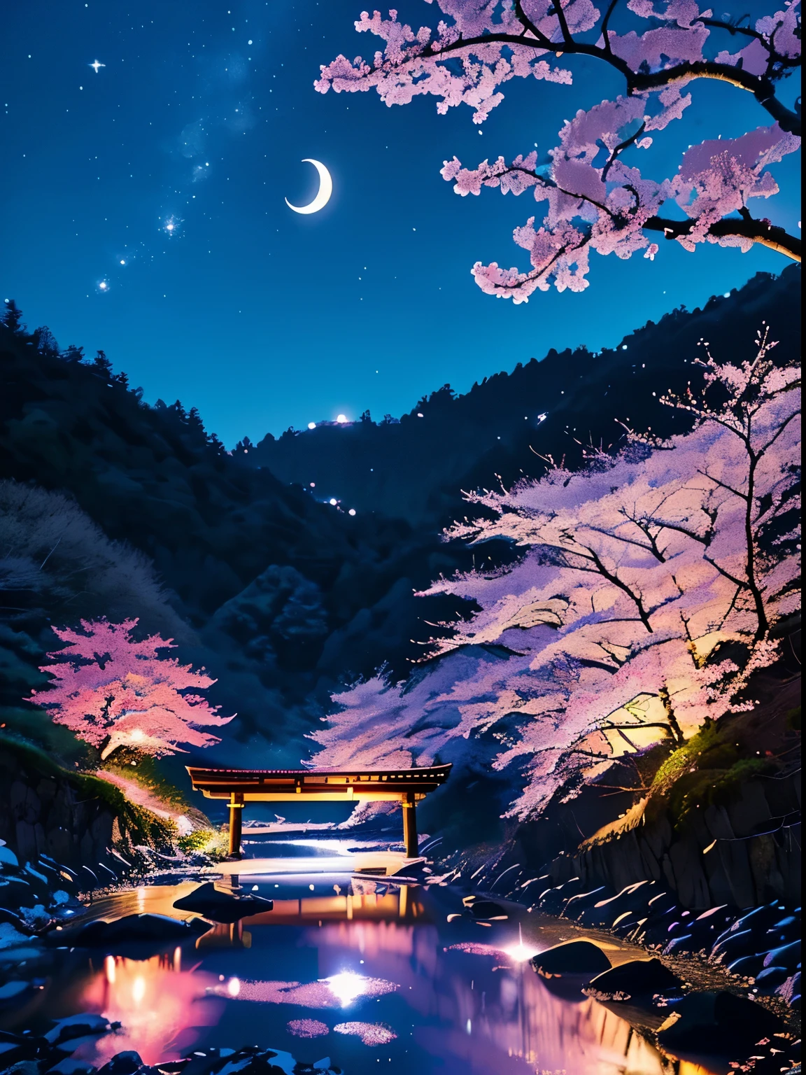 Here are the images of the Taki-zakura in Miharu, Fukushima Prefecture, under the gentle illumination of a crescent moon at night. They aim to capture the enchanting beauty of this scene.