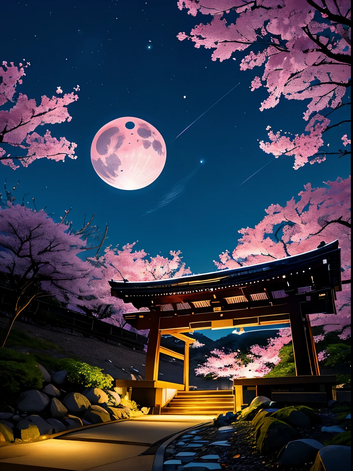 Here are the images of the Taki-zakura in Miharu, Fukushima Prefecture, under the gentle illumination of a crescent moon at night. They aim to capture the enchanting beauty of this scene.