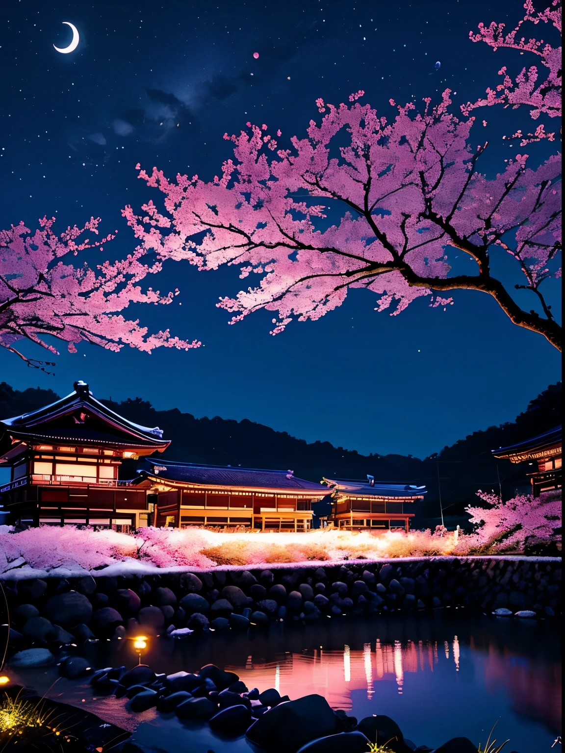 Here are the images of the Taki-zakura in Miharu, Fukushima Prefecture, under the gentle illumination of a crescent moon at night. They aim to capture the enchanting beauty of this scene.