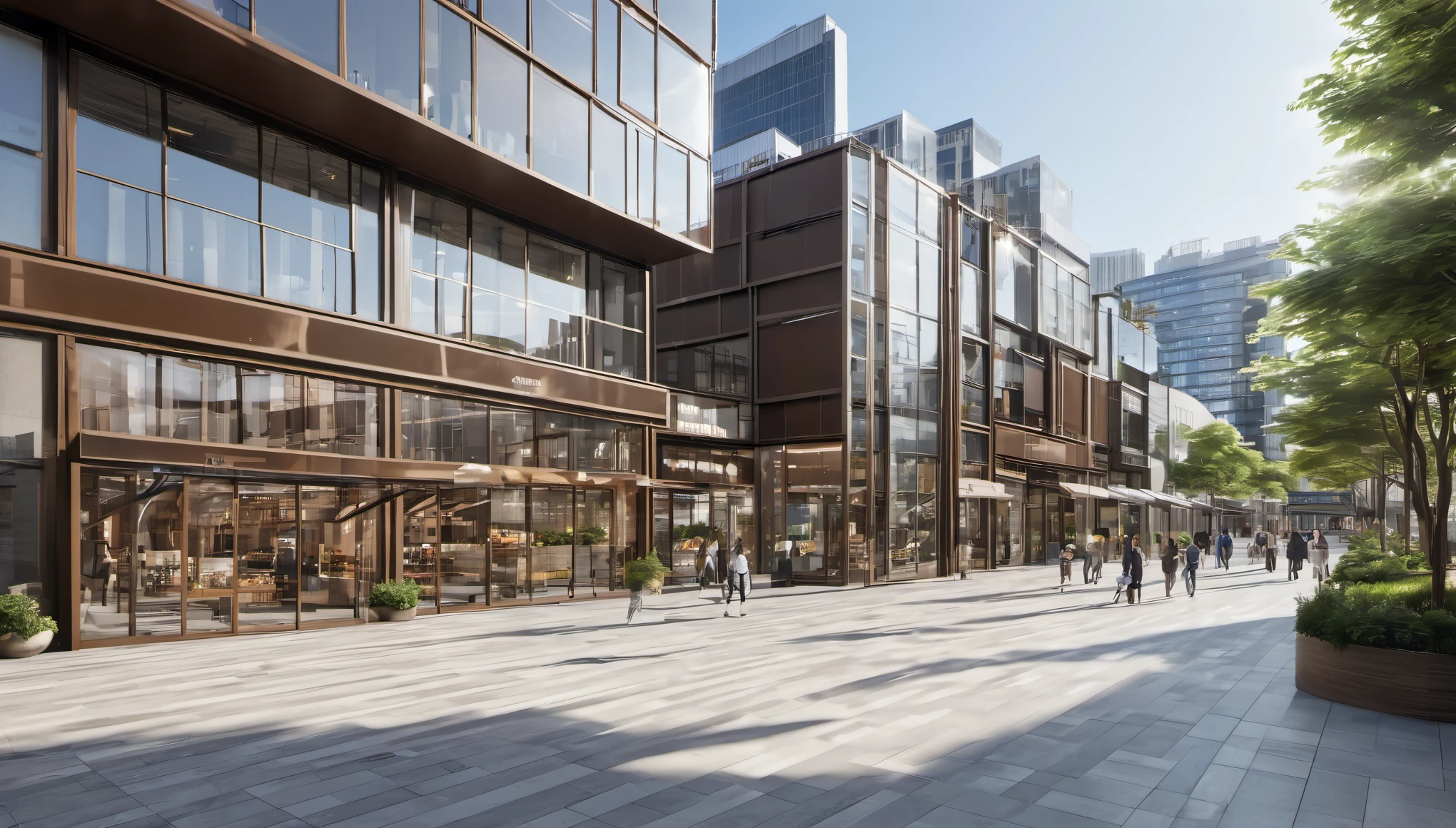 Photos of buildings,urban street scenes,the main body is a high-rise building,((podium brown metal outer frame structure:1.5)),((brown curtain wall:1.4)),(inside is a glass curtain wall:0.9),((transparent shops on the first floor:1.4)),((and an outdoor commercial plaza. dayscape:1.3)),(bustling:1.6),((masterpiece:1.2)),((high quality:1.3)),((best quality)),real,((realistic:1.5)),super detailed,(full detail),(4k),8k,(landscape:1.3),reflection,high_contrast,daytime scenery,the sun is shining brightly,(cityscape:1.3),arbor,shade,(outdoor commercial plaza:1.4),(first floor modular store:1.3),