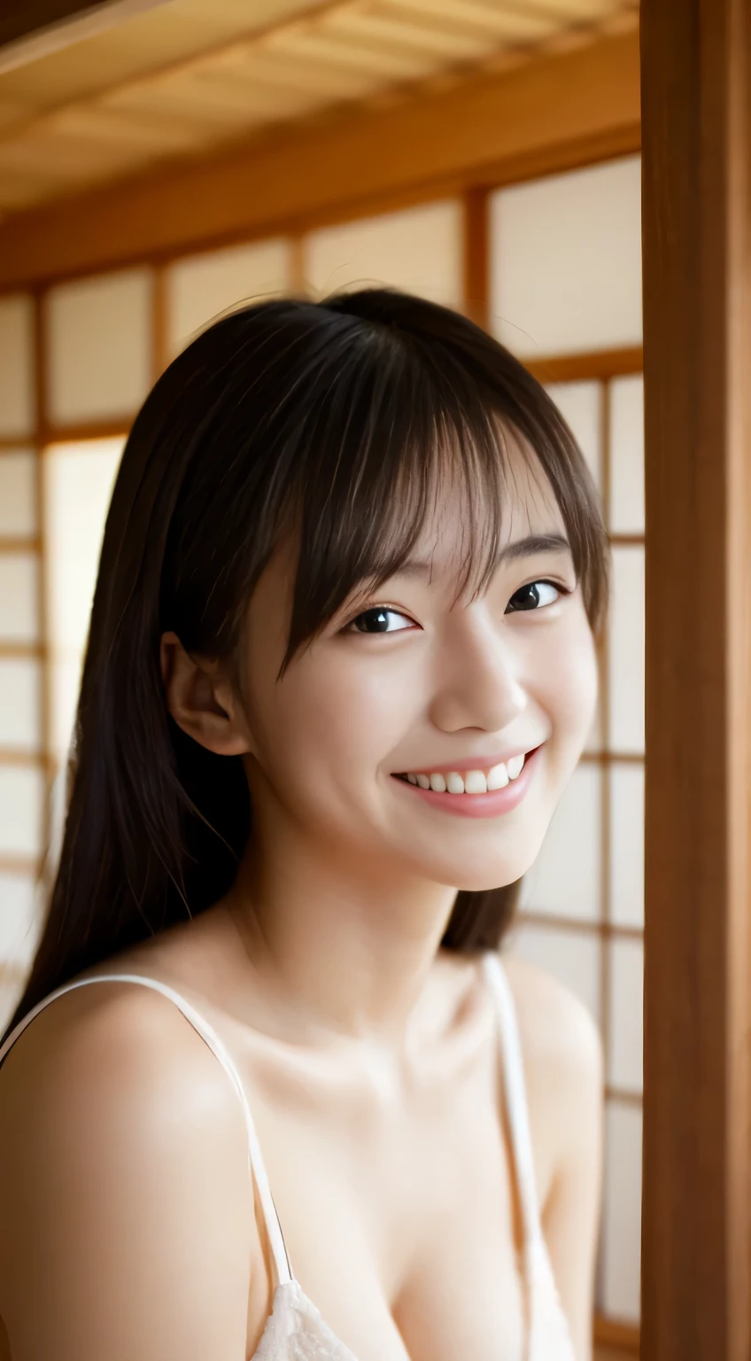 masterpiece,best quality,(Japanese ),((Beautiful girl)),cleavage,indoor,(perfect body beauty:1.2),(shy smile),beautiful teeth,