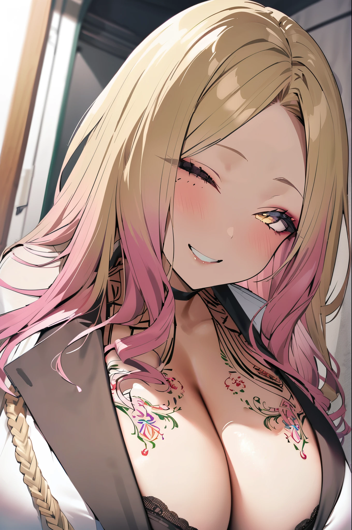 (gigantic breasts),solo,gyaru,nagatiti,eyeshadow,blonde hair,pink hair, Embroidery, bras, panties, tattoo,(long Wave hair, gradation hair),bare forehead,smile.ω,half eye,dynamic angle, pov ,upper body,Changing room, hot spring inn,