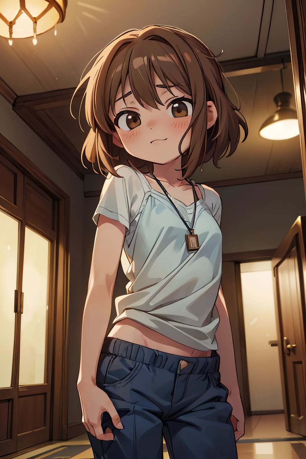 ((Masterpiece)), (Anime:1.5), ((best quality)), (RAW photo:1.2), (High Definition:1.3), (Professional Photography:1.2), (from below), 1girl, ((12 years old)), (very smug), upper body, looking at viewer, (loose camisole), O-ring, barearms, unruly hair, medium hair, ((pants pull up)), dog tag, pale brown hair, (small breast), cute hip, (lovely pose), ((inside the Dimly lit hotel corridor)),