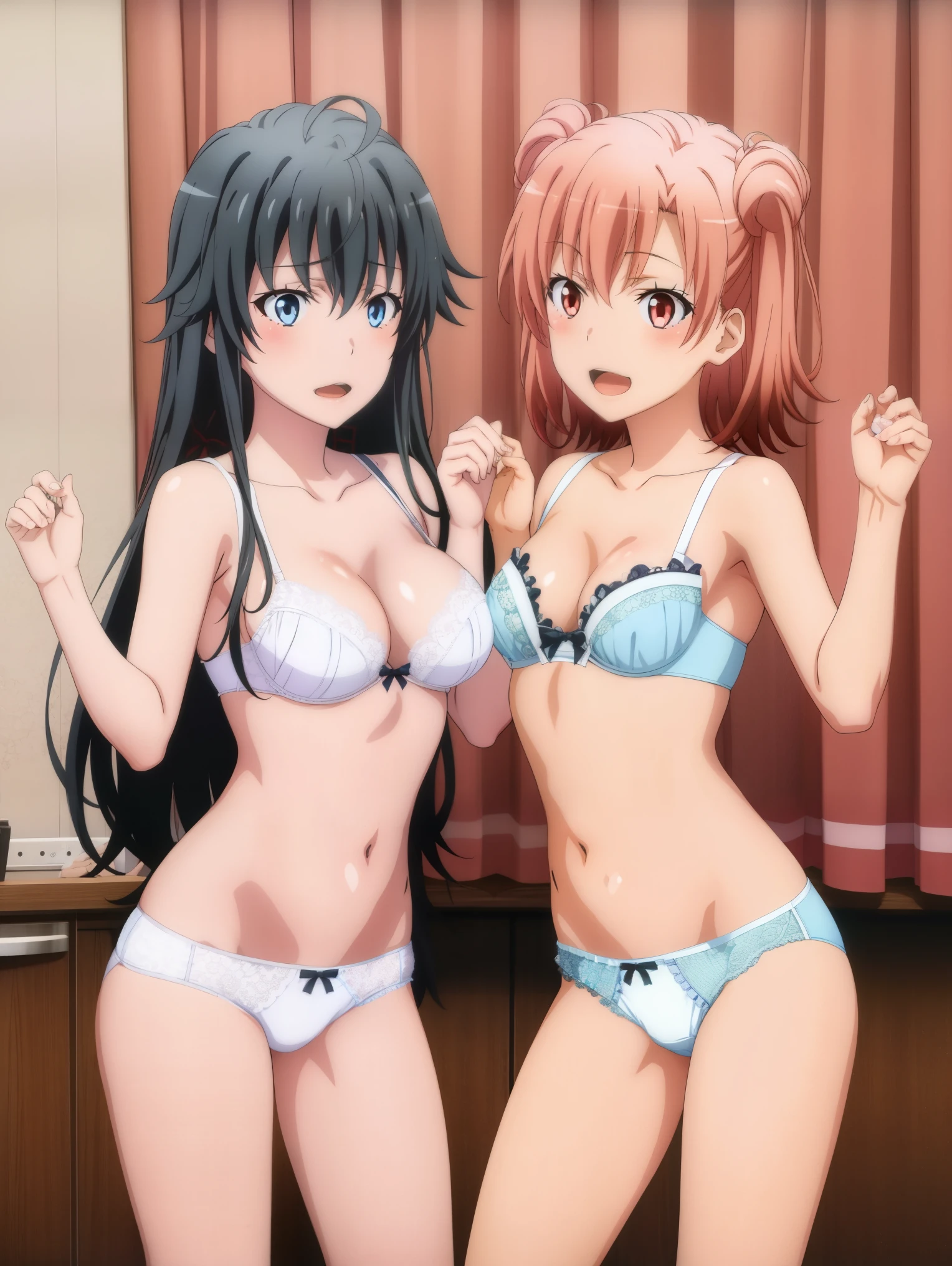 2 girls , Yukinoshita Yukino , Yuigahama Yui , waltz dance , underwear,,white panties,Peach-colored panties,