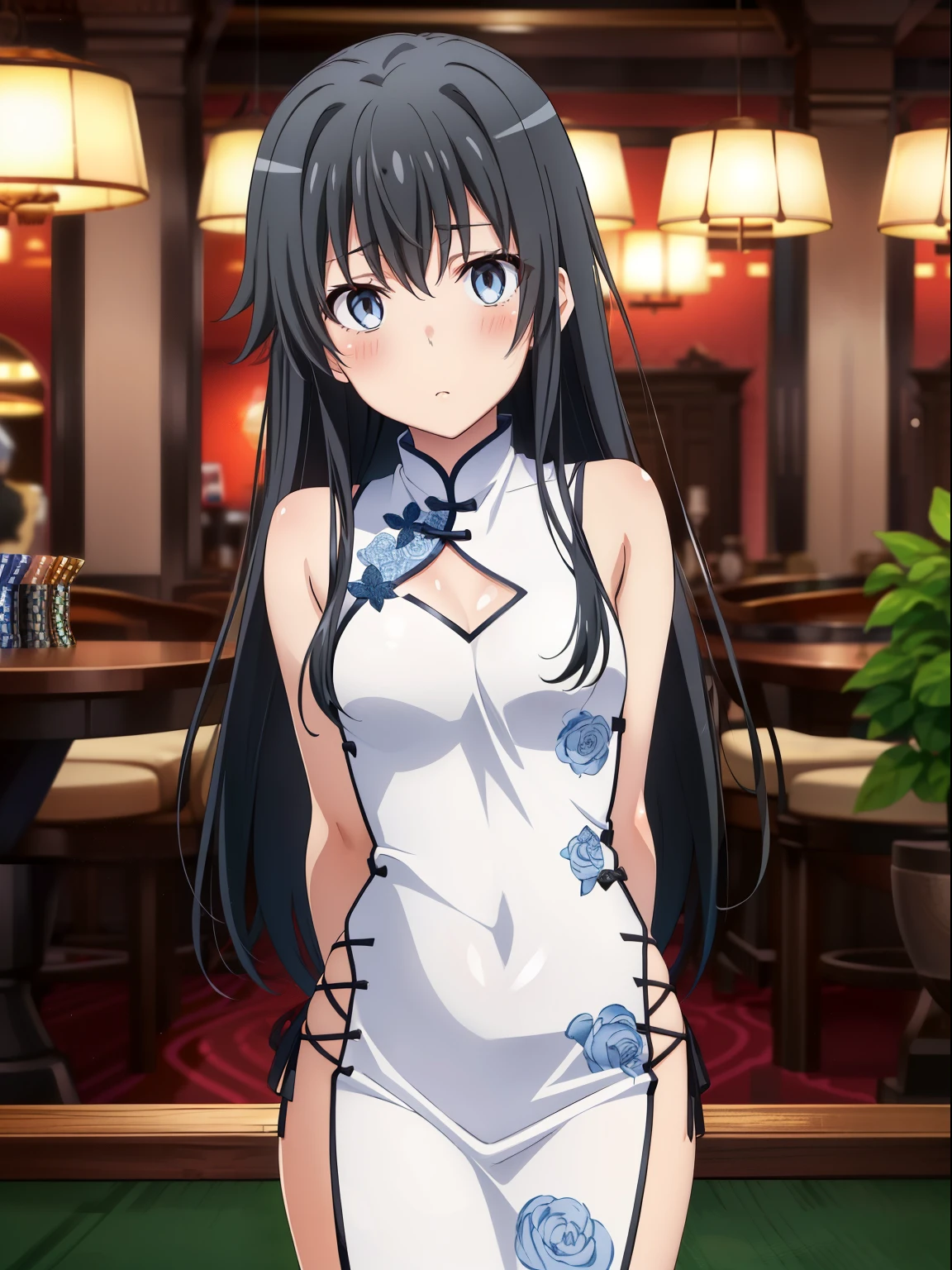 (highest quality, High resolution, perfect pixel, Depth of the bounds written, 4k, beautiful anime girl),  
looking at the viewer, 
perfect body,  

yukinoshita yukino, dark hair, long hair, 

(blush all over the face, embarrassing:1.2), 
arms behind back,
casino, 
(oekakizuki china dress), white china dress, 
