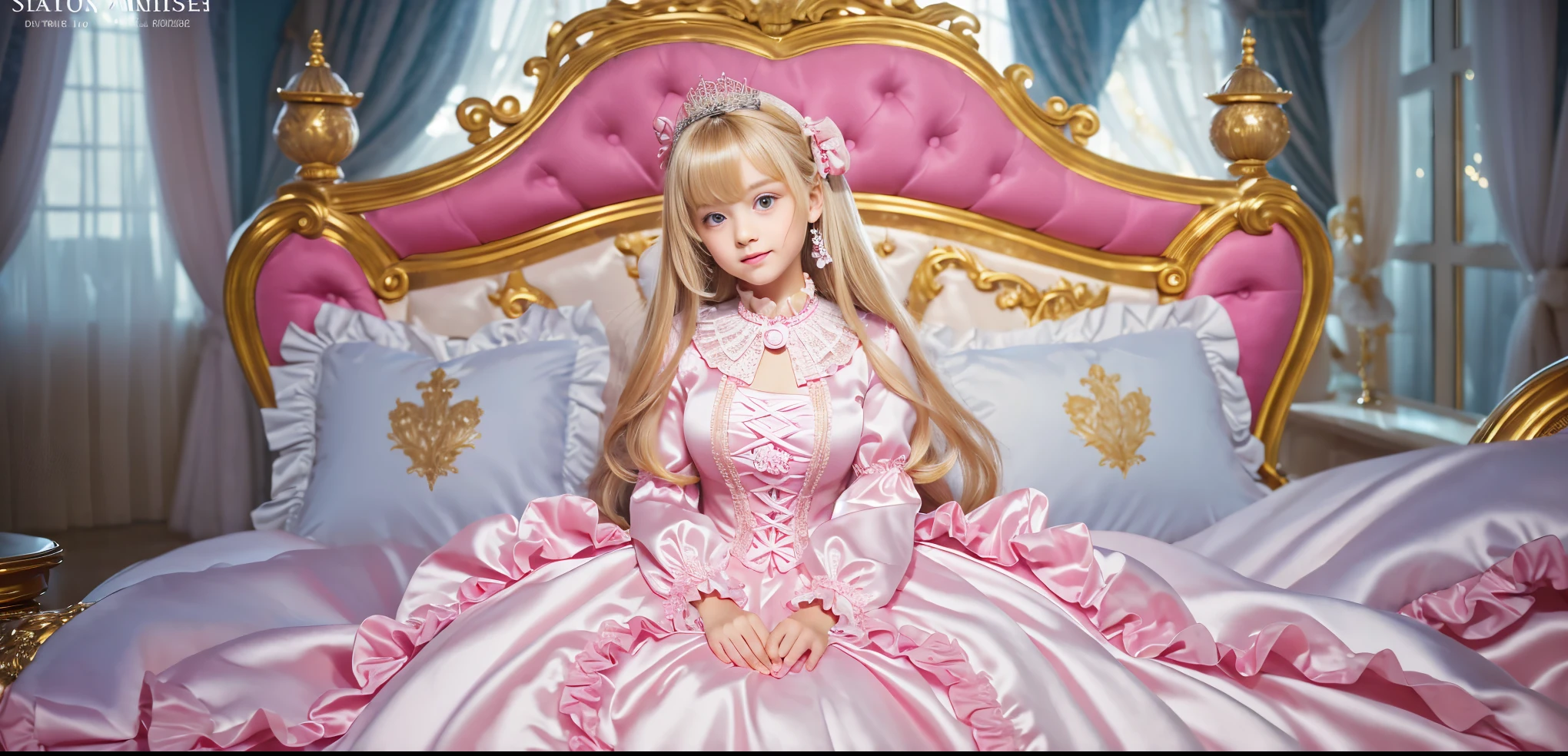 ,highest quality, masterpiece, highest resolution, artwork, super それにget used to it, many get used to it, get used to it, それにget used to it, 3K ultra-high resolution realistic photos,,(( When I was 10 years old)),Super detailed baby face,She is a princess,Full length ball gown dress with hoop skirt,ruffle yoke collar,puff sleeves,long sleeve,((lolita style hot pink princess satin dress、Comes with lots of frills and ribbons。)),colorful rococo fashion,shiny satin dress,Soft and smooth fabric,luxury,long blonde hair,blue eyes,white skin european,pajamas,((inside the palace)),,,(( When I was 10 years old)),Super detailed baby face,Full length ball gown dress with hoop skirt,long skirt,ruffle yoke collar,puff sleeves,腰まで伸びるlong blonde hair,blue eyes,white skin european,pajamas,((Inside the castle bedroom)),ピンクのシルクサテンのluxuryなcanopy bedの上,canopy bed,luxurious curtains under the canopy,many frilly pillows on the bed,super detailed background,detailed bed,silk satin bed sheets,soft silk satin comforter,Soft silk satin ruffled pillow in pastel colors,little princess is sitting on the bed,((((large ball gown dresses that completely cover the legs)))),((((legs are hidden in the dress,Don'Don't put your feet out to the side)))),Beautiful girl illustration,detailed beautiful face detailed hair,detailed human eye ,detailed mouth, arm details,fine hands,Detailed pillow,Frilly pillows piled up behind the girl,