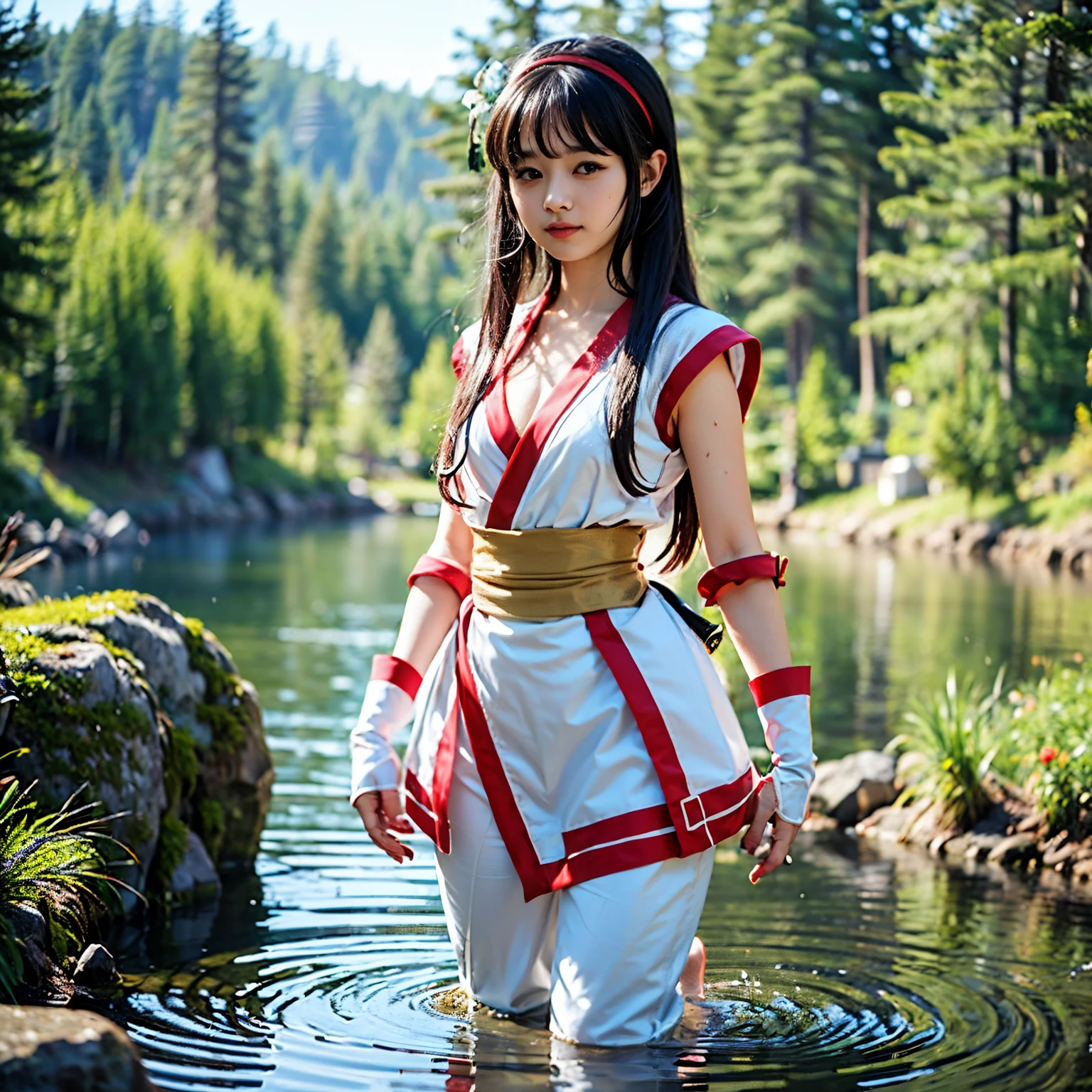 (masterpiece, best quality:1.2), (8k uhd, 16k, 32k, ultra high res), Standing, poised by the shining lakeside water with a view of the castle, elf, , skinny body, flat chest, 1 girl, Clear stream deep in the mountains、drop down、bathing、confused, light smile, official art,赤いbow, bow, hair length, hair ribbon, wet clothes、wet skin、Ainu costume, solo, hair band, bird, black haired, Fingerless gloves, short sleeve, gloves, pants, bangs, 赤いhair band, brown eyes, 白いpants, generally,  (small breasts、chest exposure、barefootで、barefoot:1.5)、dramatic light and shadow、solar flare、Lens flare、blurred foreground、(movie lighting)、soft lighting、dynamic english、movie lighting、dynamic angle