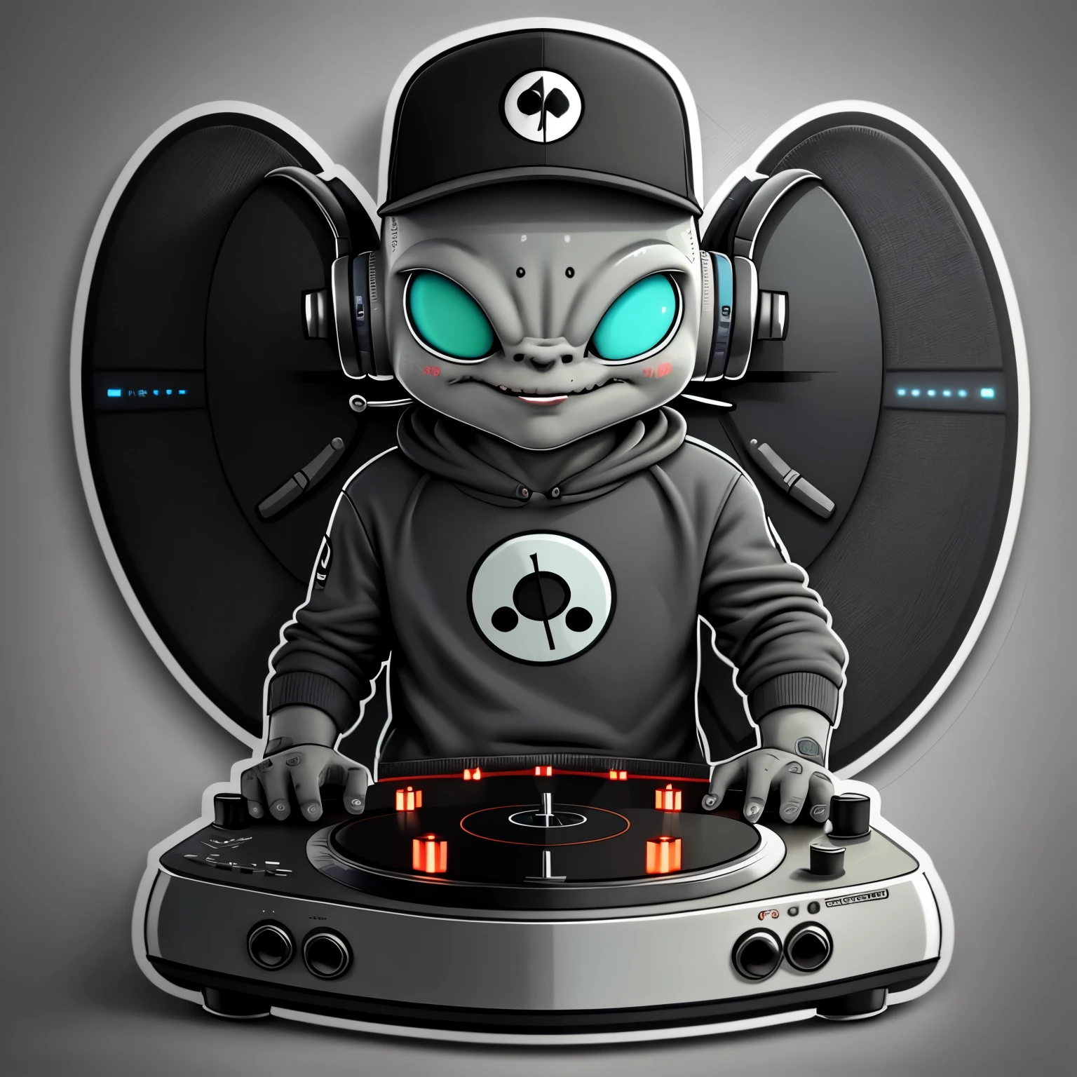 PEGATINA. alien dj with headphones playing turntable urban cartoon style , sticker , black isolated background , perfect detailed hands , gray alien aspect , trucker hat