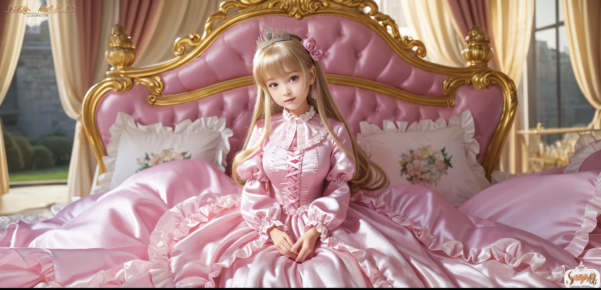 ,highest quality, masterpiece, highest resolution, artwork, super それにget used to it, many get used to it, get used to it, それにget used to it, 3K ultra-high resolution realistic photos,,(( When I was s old)),Super detailed baby face,She is a princess,Full length ball gown dress with hoop skirt,ruffle yoke collar,puff sleeves,long sleeve,((lolita e hot pink princess satin dress、Comes with lots of frills and ribbons。)),colorful rococo fashion,shiny satin dress,Soft and smooth fabric,luxury,long blonde hair,blue eyes,white skin european,pajamas,((inside the palace)),,,(( When I was 10 years oler detailed baby face,Full length ball gown dress with hoop skirt,long skirt,ruffle yoke collar,puff sleeves,腰まで伸びるlong blonde hair,blue eyes,white skin european,pajamas,((Inside the castle bedroom)),ピンクのシルクサテンのluxuryなcanopy bedの上,canopy bed,luxurious curtains under the canopy,many frilly pillows on the bed,super detailed background,detailed bed,silk satin bed sheets,soft silk satin comforter,Soft silk satin ruffled pillow in pastel colors,little princess is sitting on the bed,((((large ball gown dresses that completely cover the legs)))),((((legs are hidden in the dress,Don'Don't put your feet out to the side)))),Beautiful girl illustration,detailed beautiful face detailed hair,detailed human eye ,detailed mouth, arm details,fine hands,Detailed pillow,Frilly pillows piled up behind the girl,
