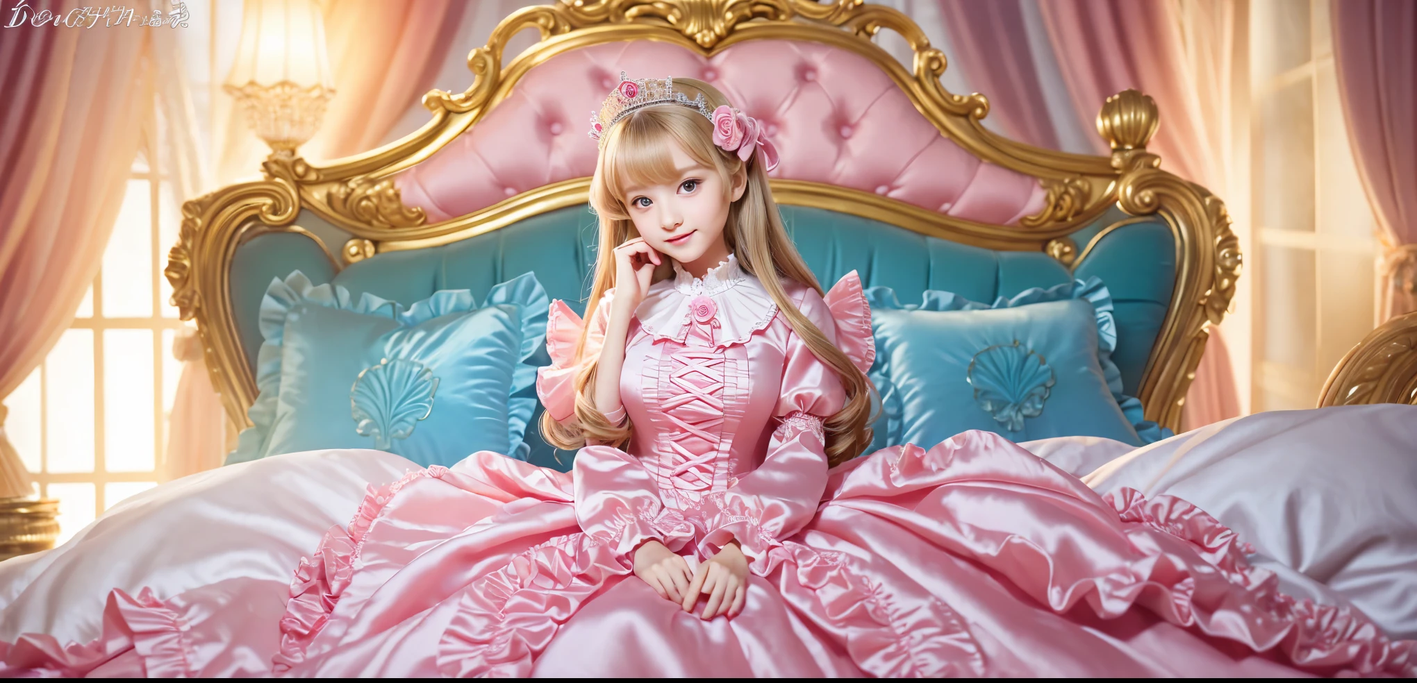 ,highest quality, masterpiece, highest resolution, artwork, super それにget used to it, many get used to it, get used to it, それにget used to it, 3K ultra-high resolution realistic photos,,(( When I was )),Super detailed baby face,She is a princess,Full length ball gown dress with hoop skirt,ruffle yoke collar,puff sleeves,long sleeve,((lolita style pink princess satin dress、Comes with lots of frills and ribbons。)),colorful rococo fashion,shiny satin dress,Soft and smooth fabric,luxury,long blonde hair,blue eyes,white skin european,pajamas,((inside the palace)),,,(( When I was 10 years old)),Sd baby face,Full length ball gown dress with hoop skirt,long skirt,ruffle yoke collar,puff sleeves,腰まで伸びるlong blonde hair,blue eyes,white skin european,pajamas,((Inside the castle bedroom)),ピンクのシルクサテンのluxuryなcanopy bedの上,canopy bed,luxurious curtains under the canopy,many frilly pillows on the bed,super detailed background,detailed bed,silk satin bed sheets,soft silk satin comforter,Soft silk satin ruffled pillow in pastel colors,little princess is sitting on the bed,((((large ball gown dresses that completely cover the legs)))),((((legs are hidden in the dress,Don'Don't put your feet out to the side)))),Beautiful girl illustration,detailed beautiful face detailed hair,detailed human eye ,detailed mouth, arm details,fine hands,Detailed pillow,Frilly pillows piled up behind the girl,