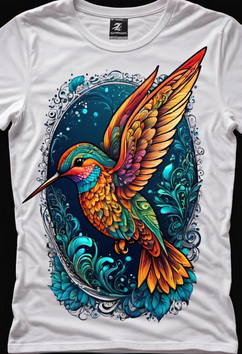 (best quality, highres, ultra sharp), magical ,cute Hummingbird printed on a woman t-shirt, zentangle, full colored, 3d crunch,