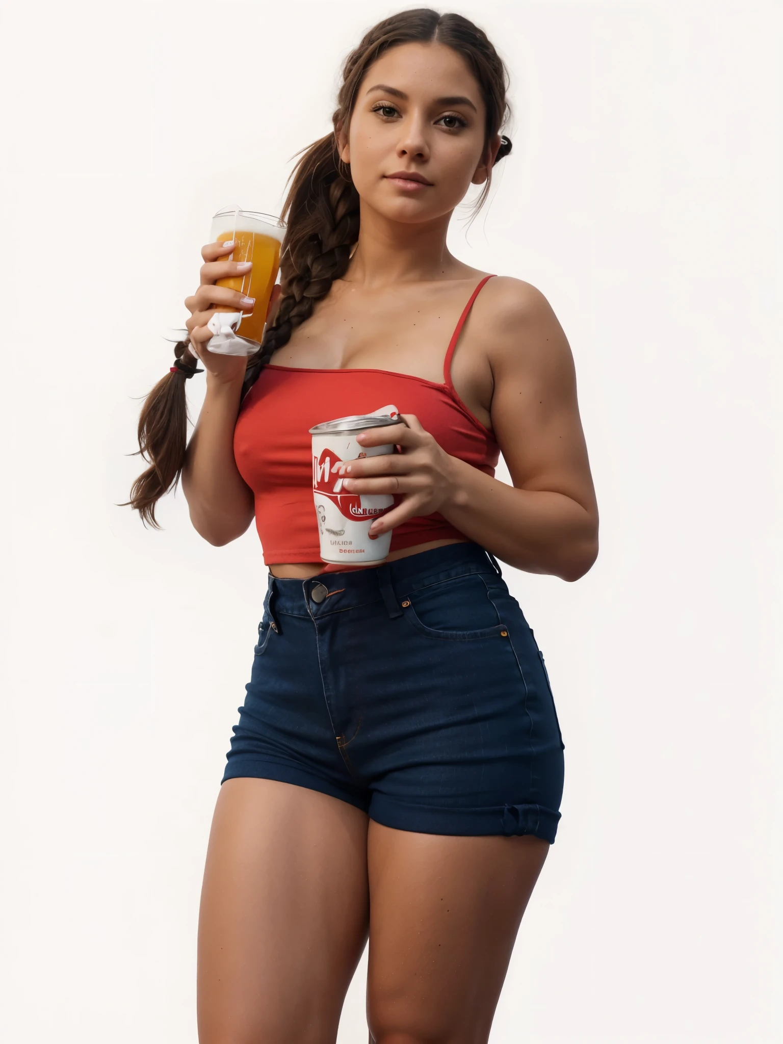 Uma mulher, linda, extremamente realista, usando shorts jeans, blusa vermelha, can in hand, beer in hand, hair braid, sexy, bunda grande, pernas grossas, Fitness