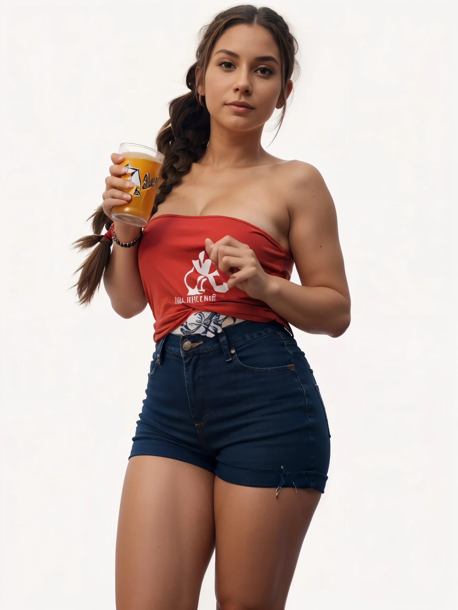 Uma mulher, linda, extremamente realista, usando shorts jeans, blusa vermelha, can in hand, beer in hand, hair braid, sexy, bunda grande, pernas grossas, Fitness 