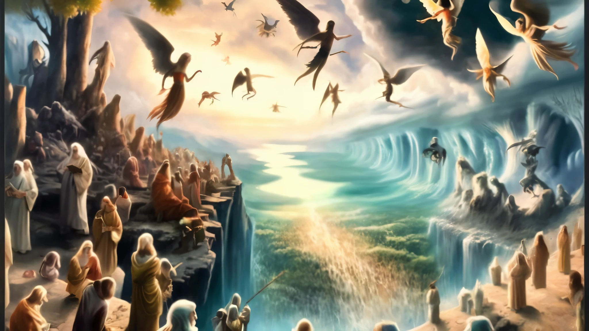 pintura de um grupo de anjos voando sobre uma cachoeira com uma cachoeira ao fundo, epic biblical representation, creation of the world, Paradise on earth, O arrebatamento, Paradise, biblical painting, 8k epic surrealism oil painting, beautiful representation, science fantasy painting, biblical epic film, reino divino dos deuses, epic fantasy painting, rob mcnaughton, scientific representation