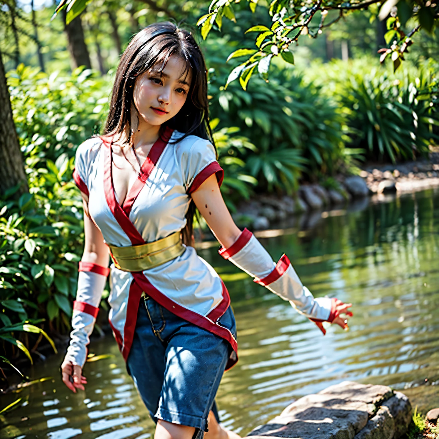 (masterpiece, best quality:1.2), (8k uhd, 16k, 32k, ultra high res), Standing, poised by the shining lakeside water with a view of the castle, elf, , skinny body, flat chest, 1 girl, Clear stream deep in the mountains、drop down、bathing、confused, light smile, official art,赤いbow, bow, hair length, hair ribbon, wet clothes、wet skin、Ainu costume, solo, hair band, bird, black haired, Fingerless gloves, short sleeve, gloves, pants, bangs, 赤いhair band, brown eyes, 白いpants, generally,  (small breasts、chest exposure、barefootで、barefoot:1.5)、dramatic light and shadow、solar flare、Lens flare、blurred foreground、(movie lighting)、soft lighting、dynamic english、movie lighting、dynamic angle