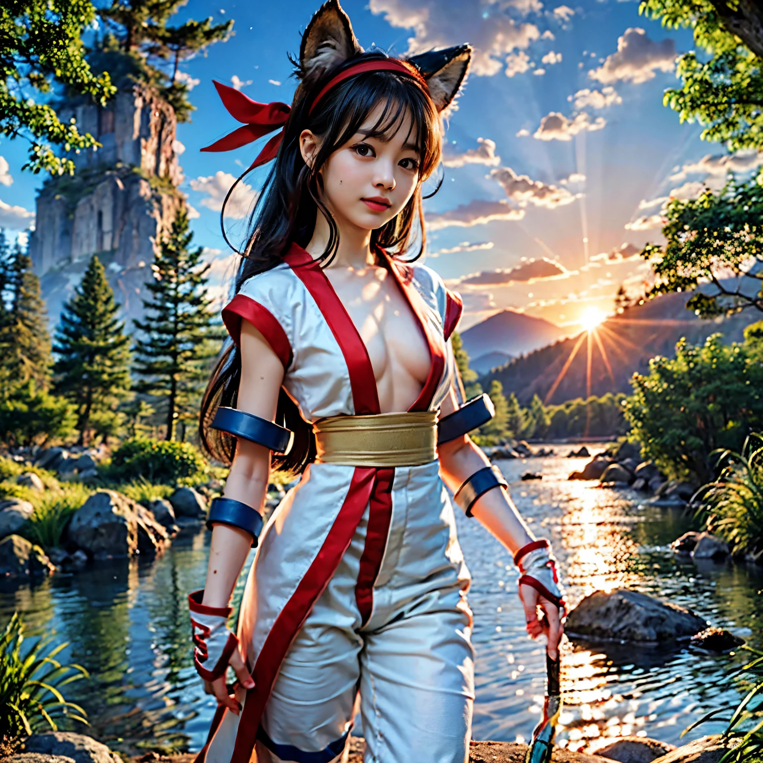(masterpiece, best quality:1.2), (8k uhd, 16k, 32k, ultra high res), Standing, poised by the shining lakeside water with a view of the castle, elf, , skinny body, flat chest, 1 girl, Clear stream deep in the mountains、drop down、bathing、confused, light smile, official art,赤いbow, bow, hair length, hair ribbon, wet clothes、wet skin、Ainu costume, solo, hair band, bird, black haired, Fingerless gloves, short sleeve, gloves, pants, bangs, 赤いhair band, brown eyes, 白いpants, generally, (small breasts、chest exposure、barefootで、barefoot:1.5)、dramatic light and shadow、solar flare、Lens flare、blurred foreground、(movie lighting)、soft lighting、dynamic english、movie lighting、dynamic angle