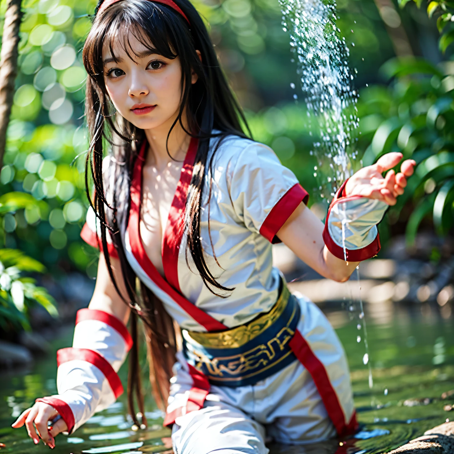 (masterpiece, best quality:1.2), (8k uhd, 16k, 32k, ultra high res), Standing, poised by the shining lakeside water with a view of the castle, elf, , skinny body, flat chest, 1 girl, Clear stream deep in the mountains、drop down、bathing、confused, light smile, official art,赤いbow, bow, hair length, hair ribbon, wet clothes、wet skin、Ainu costume, solo, hair band, bird, black haired, Fingerless gloves, short sleeve, gloves, pants, bangs, 赤いhair band, brown eyes, 白いpants, generally,  (small breasts、chest exposure、barefootで、barefoot:1.5)、dramatic light and shadow、solar flare、Lens flare、blurred foreground、(movie lighting)、soft lighting、dynamic english、movie lighting、dynamic angle