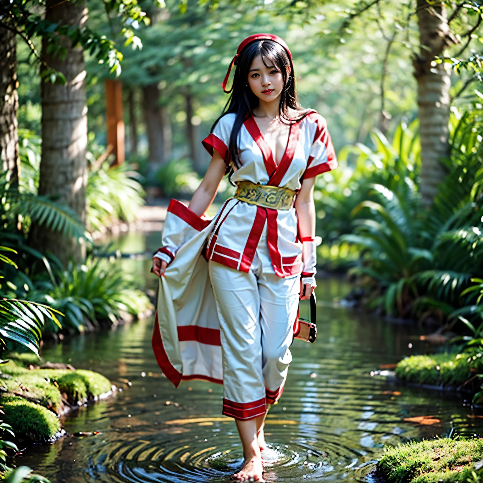 (masterpiece, best quality:1.2), (8k uhd, 16k, 32k, ultra high res), Standing, poised by the shining lakeside water with a view of the castle, elf, , skinny body, flat chest, 1 girl, Clear stream deep in the mountains、drop down、bathing、confused, light smile, official art,赤いbow, bow, hair length, hair ribbon, wet clothes、wet skin、Ainu costume, solo, hair band, bird, black haired, Fingerless gloves, short sleeve, gloves, pants, bangs, 赤いhair band, brown eyes, 白いpants, generally,  (small breasts、chest exposure、barefootで、barefoot:1.5)、dramatic light and shadow、solar flare、Lens flare、blurred foreground、(movie lighting)、soft lighting、dynamic english、movie lighting、dynamic angle