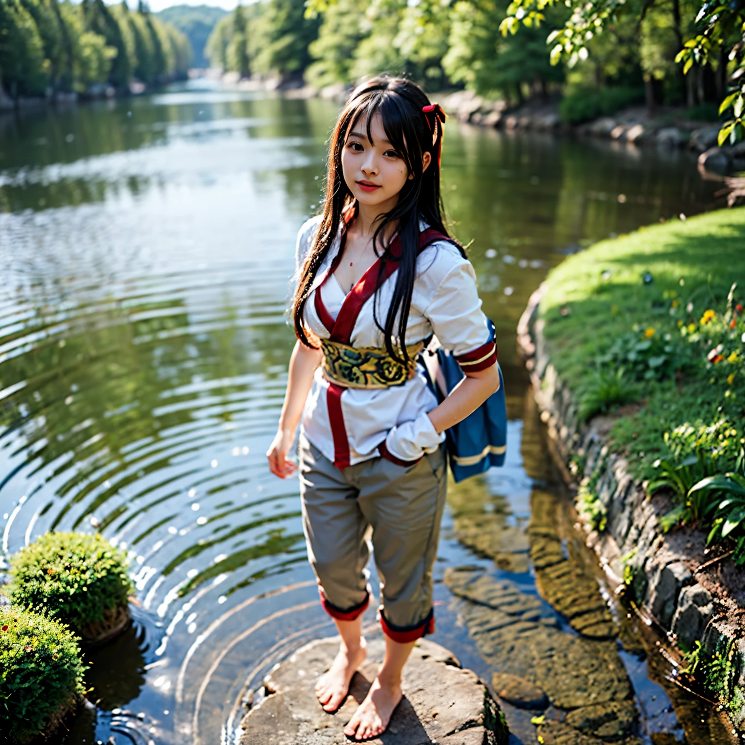 (masterpiece, best quality:1.2), (8k uhd, 16k, 32k, ultra high res), (photorealistic:1.4), Standing, poised by the shining lakeside water with a viewof the castle, elf, , skinny body, flat chest, one girl, clear stream deep in the mountains, falling, bathing, confused, light smile, official art, red bow, bow, hair length, hair ribbon, wet clothes, wet skin, ainu costume, solo, hair band, birds, black hair,Fingerless Gloves, Short Sleeves, Gloves, Pants, Bangs, Red Hairband, Brown Eyes, White Pants, General, (Small Breasts, Exposed Breasts, Barefoot, Barefoot:1.5), Dramatic Light and Shadow, Solar Flare, Lens Flare, Blurred Foreground, (Film Lighting), Soft Lighting, Dynamic English, Filmlighting, dynamic angles.