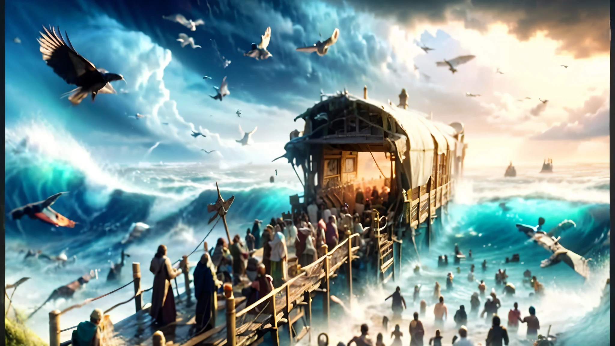 blurred image of a group of people standing on a pier in the ocean, epic biblical representation, noah&#39;s ark, rob mcnaughton, lindo depiction, Kerem couplet, bible illustration, por Krzysztof Boguszewski, Jesus walking on water, por Jon Coffelt, por Gavin Nolan, lindo!!!, lindo image ever created