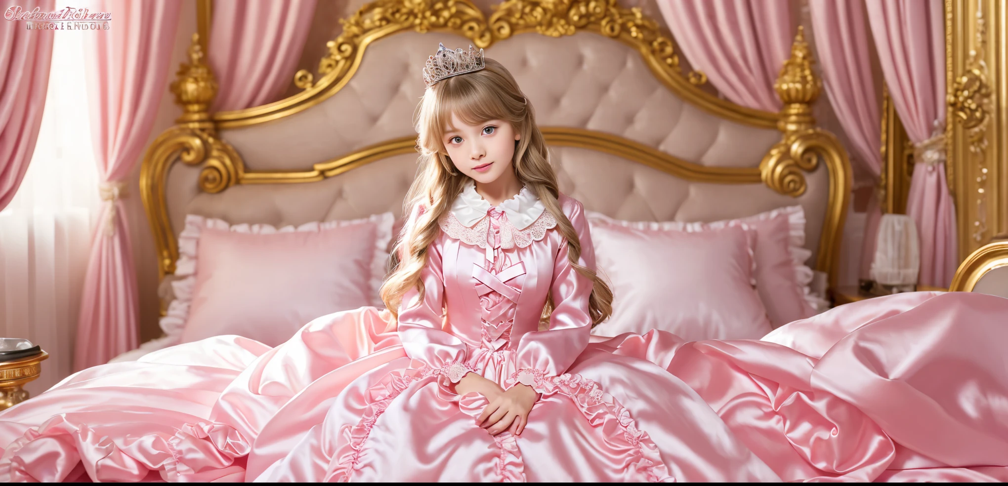 ,highest quality, masterpiece, highest resolution, artwork, super それにget used to it, many get used to it, get used to it, それにget used to it, 3K ultra-high resolution realistic photos,,(( When I was )),Super detailed baby face,She is a princess,Full length ball gown dress with hoop skirt,ruffle yoke collar,puff sleeves,long sleeve,((lolita style pink princess satin dress、Comes with lots of frills and ribbons。)),colorful rococo fashion,shiny satin dress,Soft and smooth fabric,luxury,long blonde hair,blue eyes,white skin european,pajamas,((inside the palace)),,,(( When I was 10 years old)),Sd baby face,Full length ball gown dress with hoop skirt,long skirt,ruffle yoke collar,puff sleeves,腰まで伸びるlong blonde hair,blue eyes,white skin european,pajamas,((Inside the castle bedroom)),ピンクのシルクサテンのluxuryなcanopy bedの上,canopy bed,luxurious curtains under the canopy,many frilly pillows on the bed,super detailed background,detailed bed,silk satin bed sheets,soft silk satin comforter,Soft silk satin ruffled pillow in pastel colors,little princess is sitting on the bed,((((large ball gown dresses that completely cover the legs)))),((((legs are hidden in the dress,Don&#39;Don&#39;t put your feet out to the side)))),Beautiful girl illustration,detailed beautiful face detailed hair,detailed human eye ,detailed mouth, arm details,fine hands,Detailed pillow,Frilly pillows piled up behind the girl,