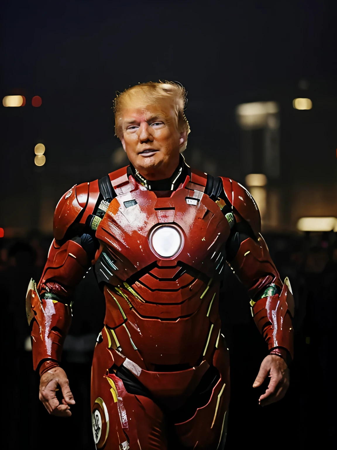 (best quality,ultra-detailed), vivid colors, Donald Trump, Donald Trump in ironman suit, studio lighting, fat, physique exaggerated, powerful pose, intense expression, dynamic background, futuristic city, glowing neon lights, flying debris, dramatic atmosphere, ironman armor, donald trump face, 