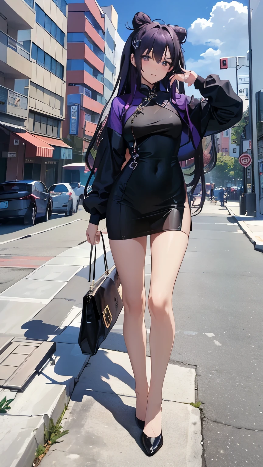 1girl, 8k, best quality, perfect body, UHD, meisterwerk, Beautiful girl, seductive girl, anime-girl, anime stil, ((wears a black cheongsam, doesn&#39;t wear shoes)), ((sexy body,  girl, violette haare, lange haare, perfect body, violette augen, Big , sportlich)), sexy, cute, steht in einem raum, seductive girl, tsundere
