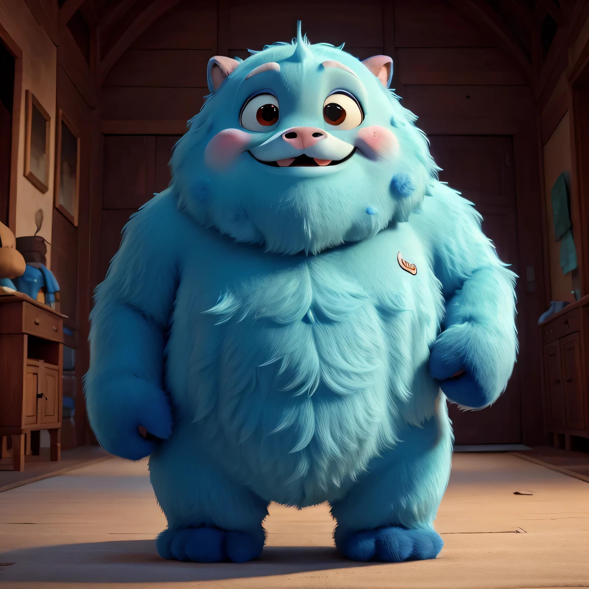 Um monstro grande e peludo, cute and friendly, holding hands with a little 