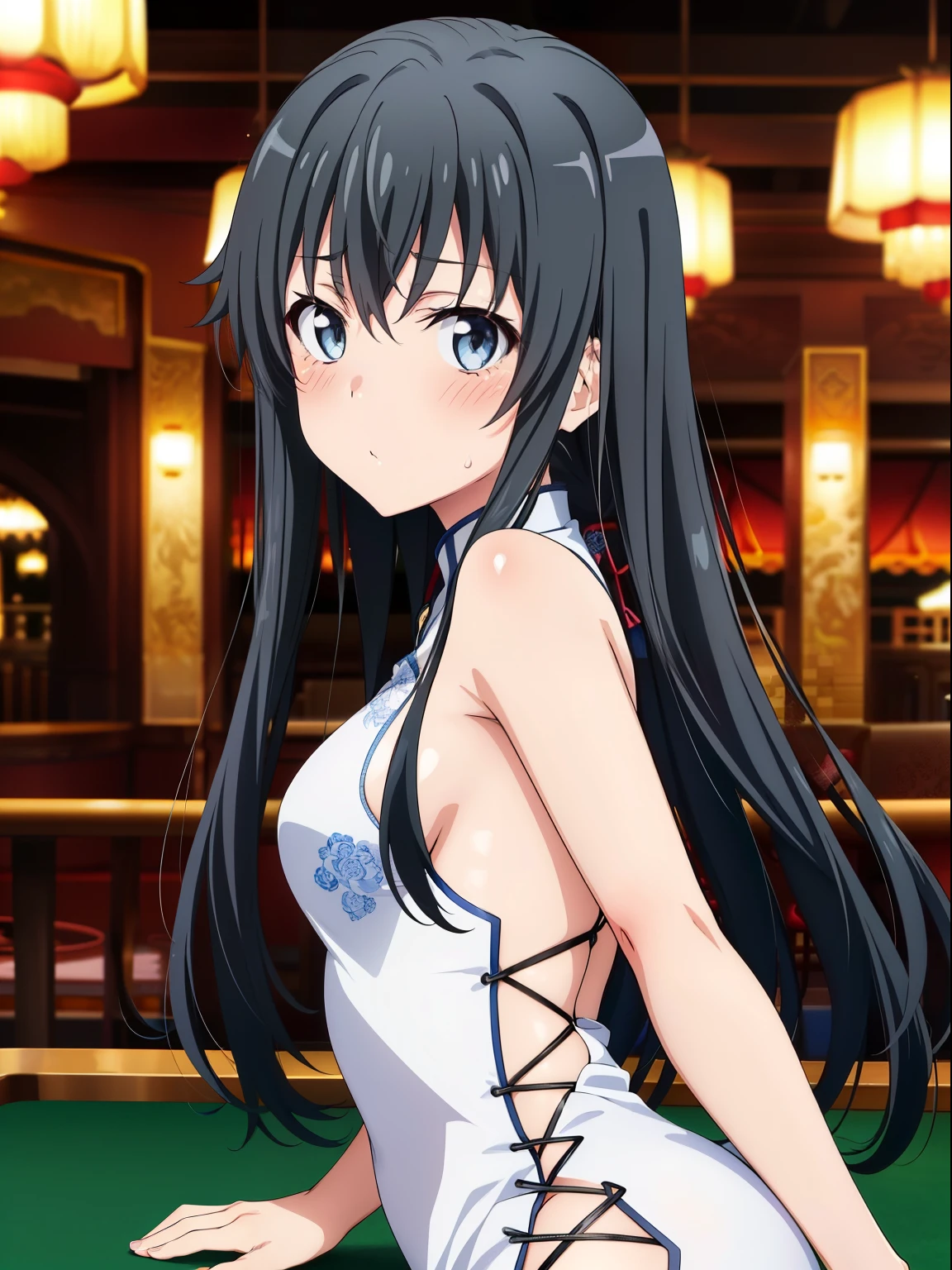 (highest quality, High resolution, perfect pixel, Depth of the bounds written, 4k, beautiful anime girl),  
looking at the viewer, 
perfect body,  

yukinoshita yukino, dark hair, long hair, 

(blush all over the face, embarrassing:1.2), 

casino, 
(oekakizuki china dress), white china dress, 
from side, 