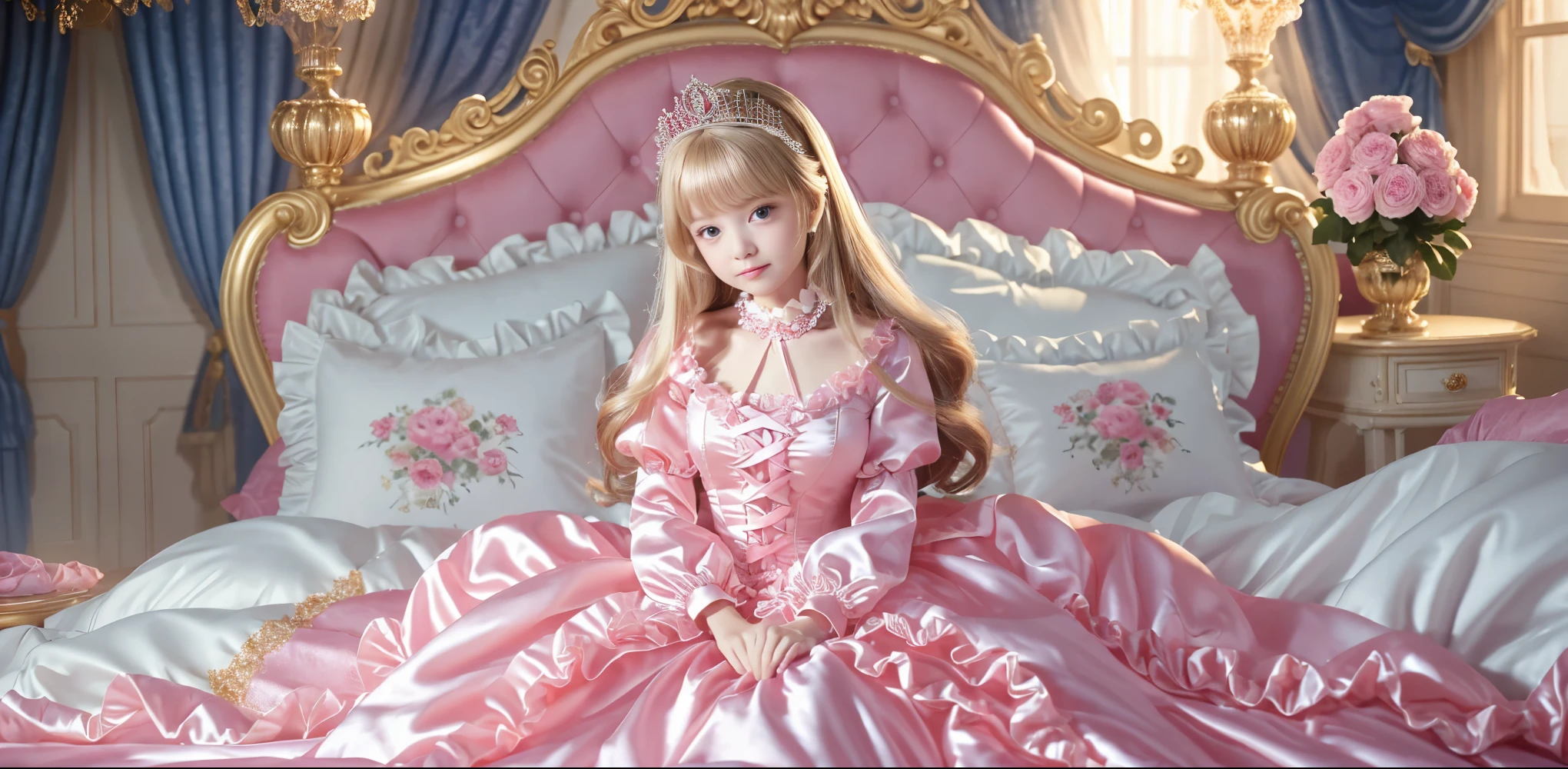 ,highest quality, masterpiece, highest resolution, artwork, super それにget used to it, many get used to it, get used to it, それにget used to it, 3K ultra-high resolution realistic photos,,(( When I was )),Super detailed baby face,She is a princess,Full length ball gown dress with hoop skirt,ruffled yoke collar,puff sleeves,long sleeve,((lolita style pink princess satin dress、Comes with lots of frills and ribbons。)),colorful rococo fashion,shiny satin dress,Soft and smooth fabric,luxury,long blonde hair,blue eyes,white skin european,pajamas,((inside the palace)),,,(( When I was 10 years old)),Sd baby face,Full length ball gown dress with hoop skirt,long skirt,ruffled yoke collar,puff sleeves,腰まで伸びるlong blonde hair,blue eyes,white skin european,pajamas,((Inside the castle bedroom)),ピンクのシルクサテンのluxuryなcanopy bedの上,canopy bed,luxurious curtains under the canopy,many pink frilly pillows on the bed,super detailed background,detailed bed,silk satin bed sheets,soft pink silk satin comforter,pink soft silk satin ruffled pillow,little princess is sitting on the bed,((((large ball gown dresses that completely cover the legs)))),((((legs are hidden in the dress,Don'Don'Don't put your feet out to the side)))),Beautiful girl illustration,detailed beautiful face detailed hair,detailed human eye ,detailed mouth, arm details,fine hands,Detailed pillow,Frilly pillows piled up behind the girl,