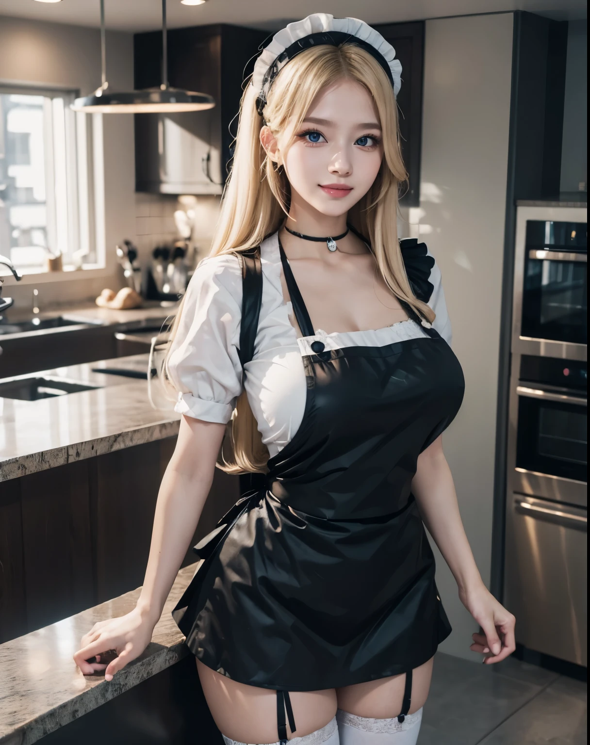 (hyperrealistic), (illustration), (high resolution), (8K), (extremely detailed), (best illustration), (beautiful detailed eyes), (best quality), (super detailed), (masterpiece), (wallpaper), (detailed face), solo, (dynamic pose), 1 girl, white wavy hair in the kitchen, korean, heterochromic eyes, small moles under the eyes, ((apron)), big breasts, long legs, tightens abs, (camel toes), (black stockings), (no panties), (no bra)